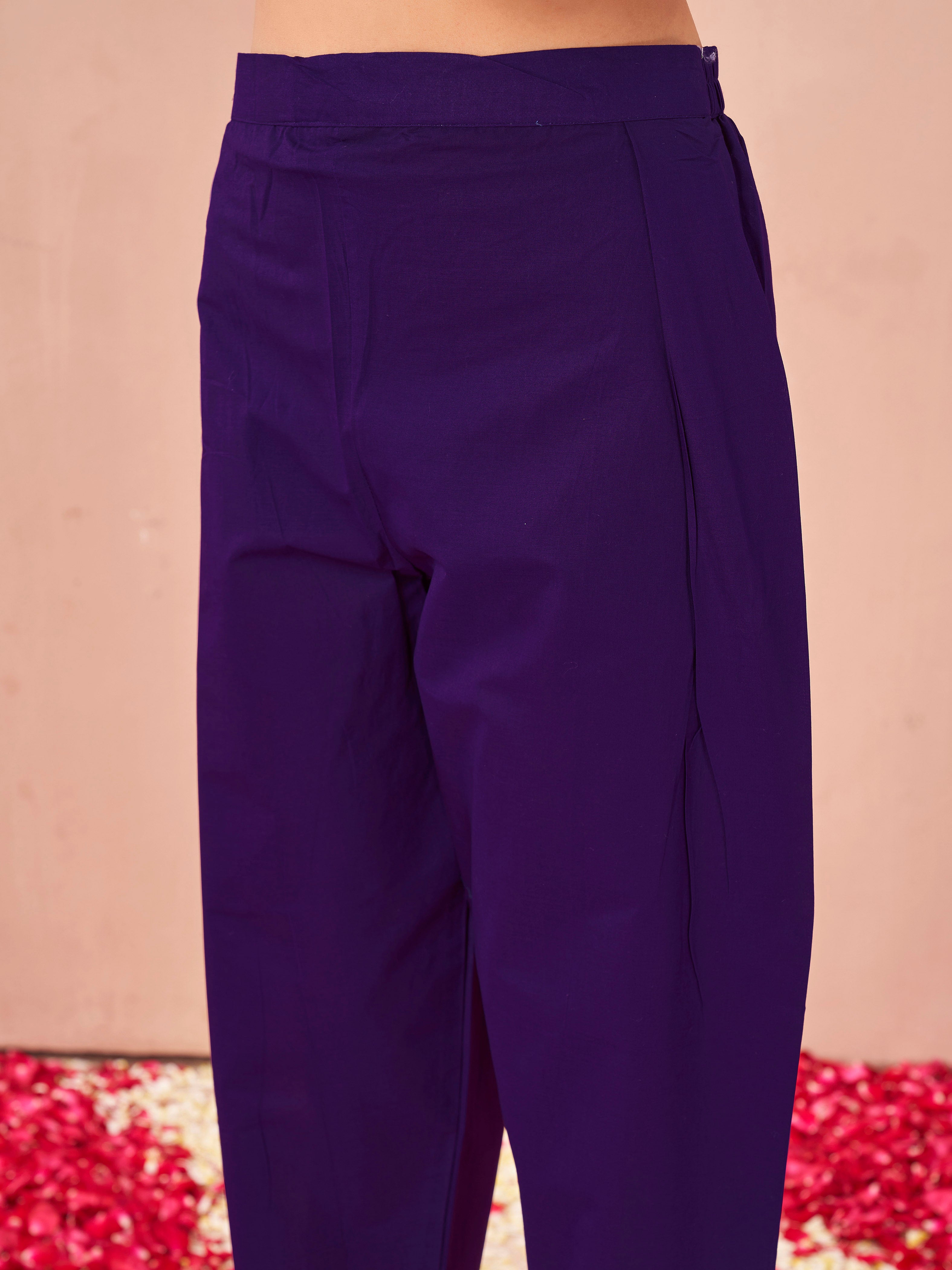 Purple color pure cotton thread chikankari type work embroidered tunic & trouser co-ord set