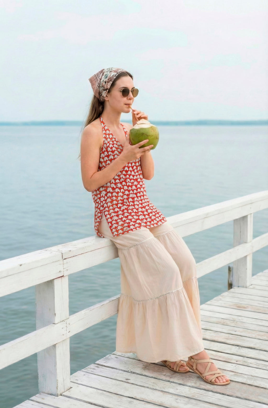 Sleeveless Halter Neck Red Kurti with Sharara and Stylised Back Dori Design