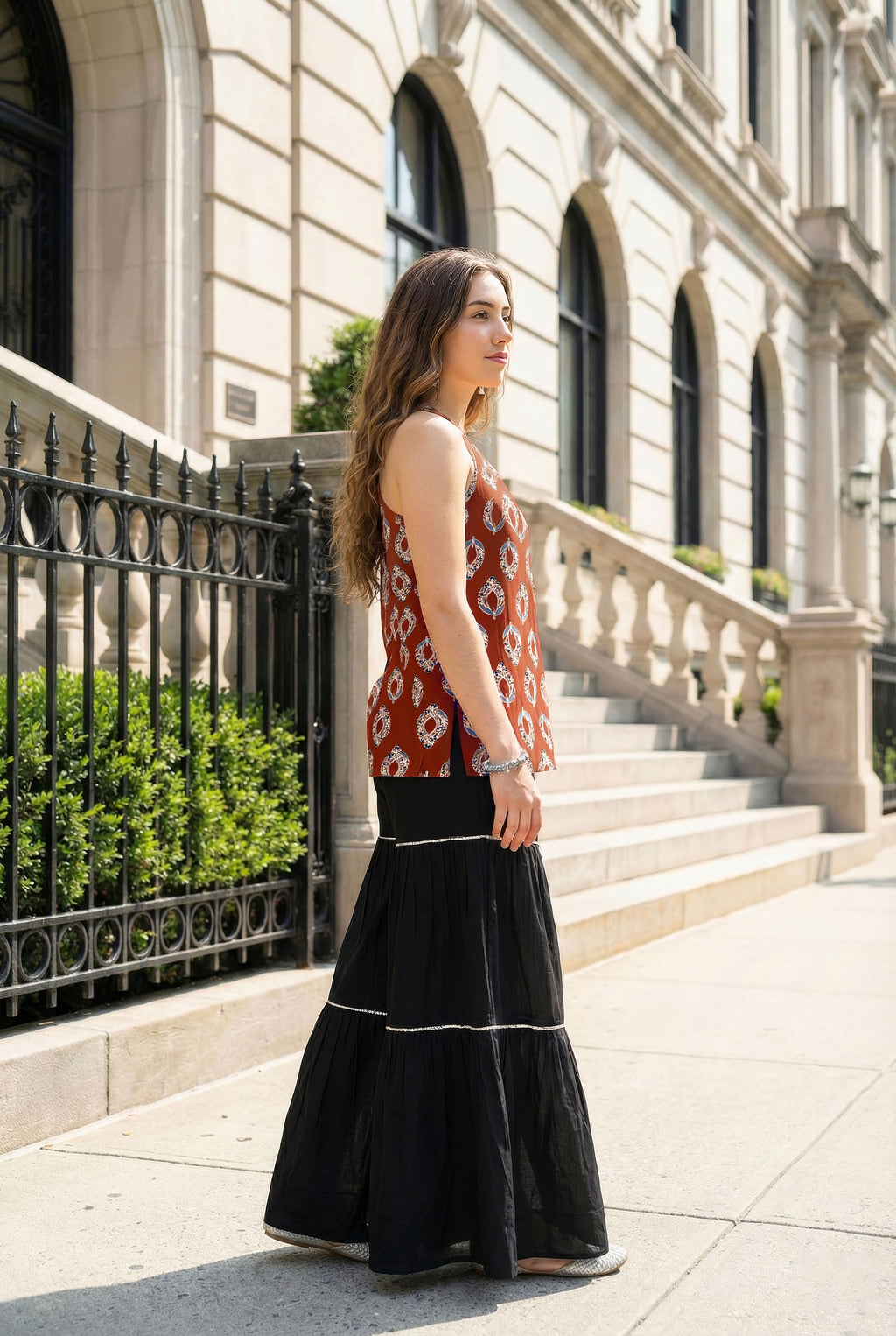 Sleeveless Halter Neck Red Kurti with Sharara and Stylised Back Dori Design