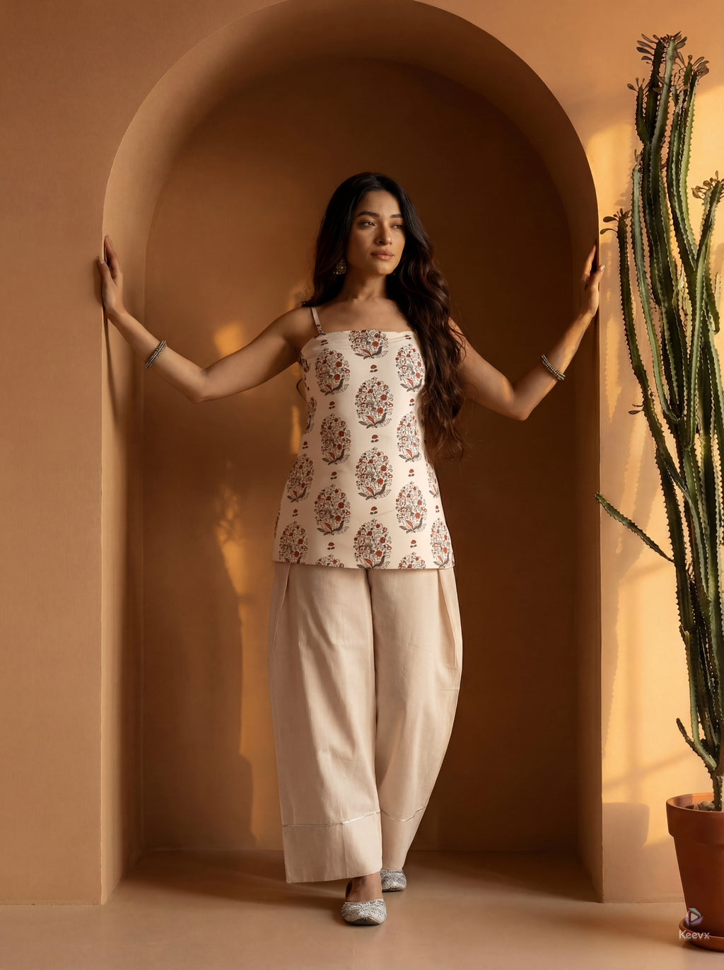 Sleeveless Beige Pure Cotton Kurti with Farshi Salwar and stylised Back Dori Design