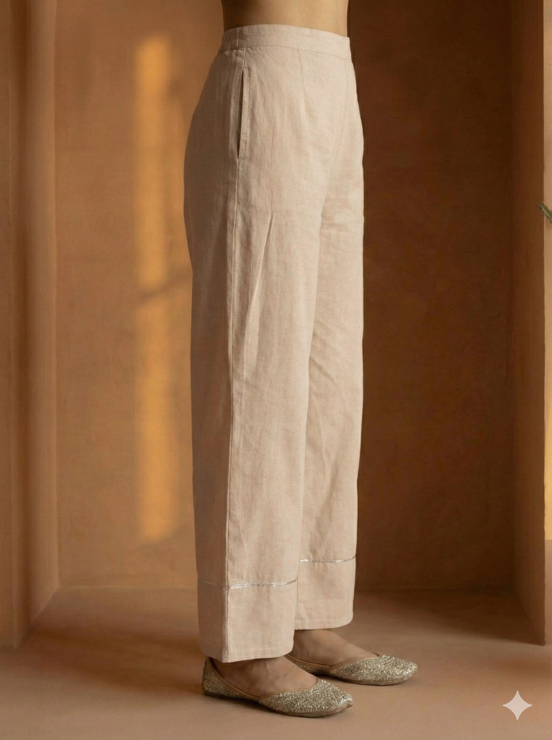 Sleeveless Beige Pure Cotton Kurti with Farshi Salwar and stylised Back Dori Design