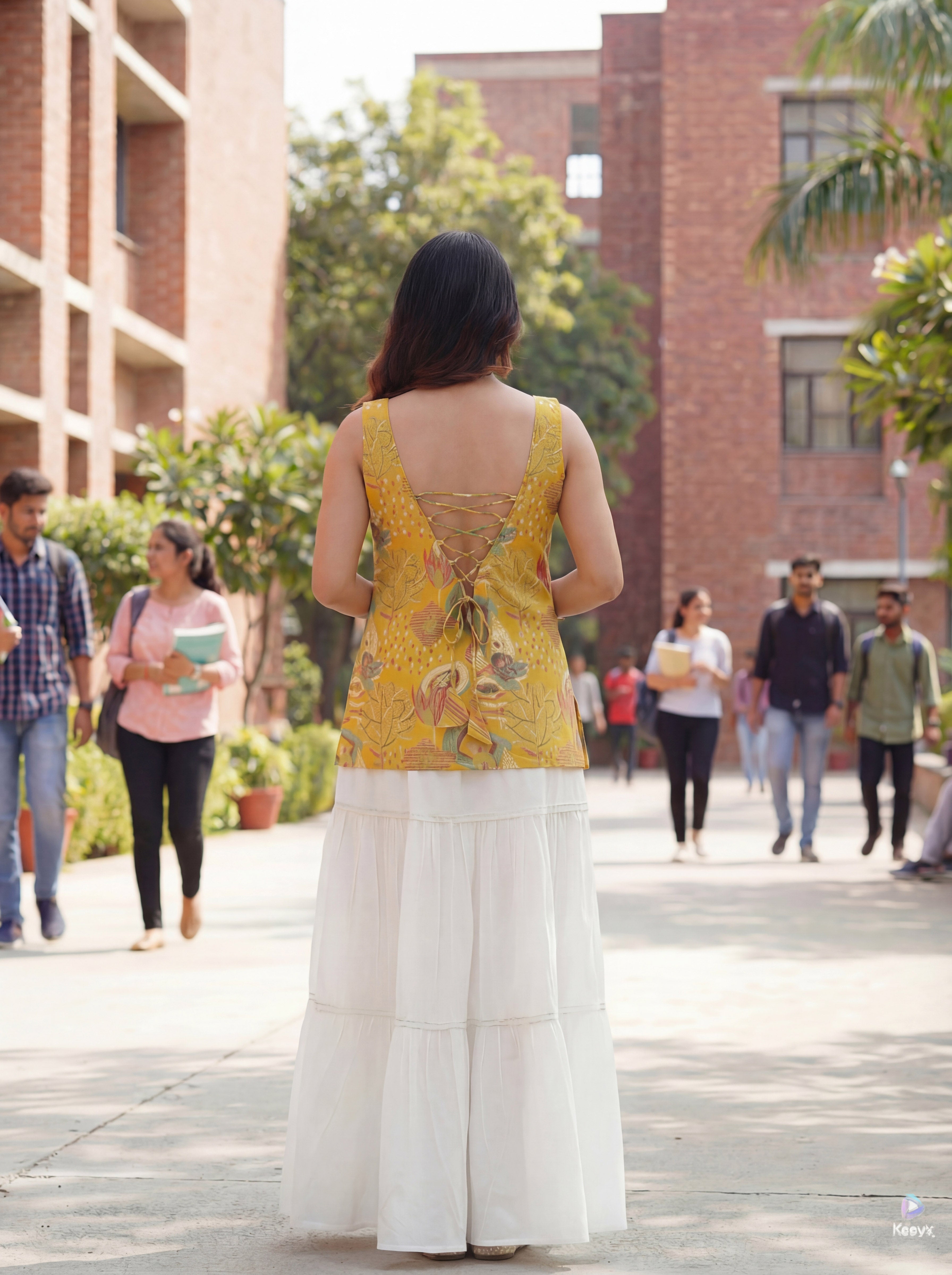 Sleeveless Yellow Cotton Kurti with Layered Gotta Patti Skirt and stylised Back Dori Design