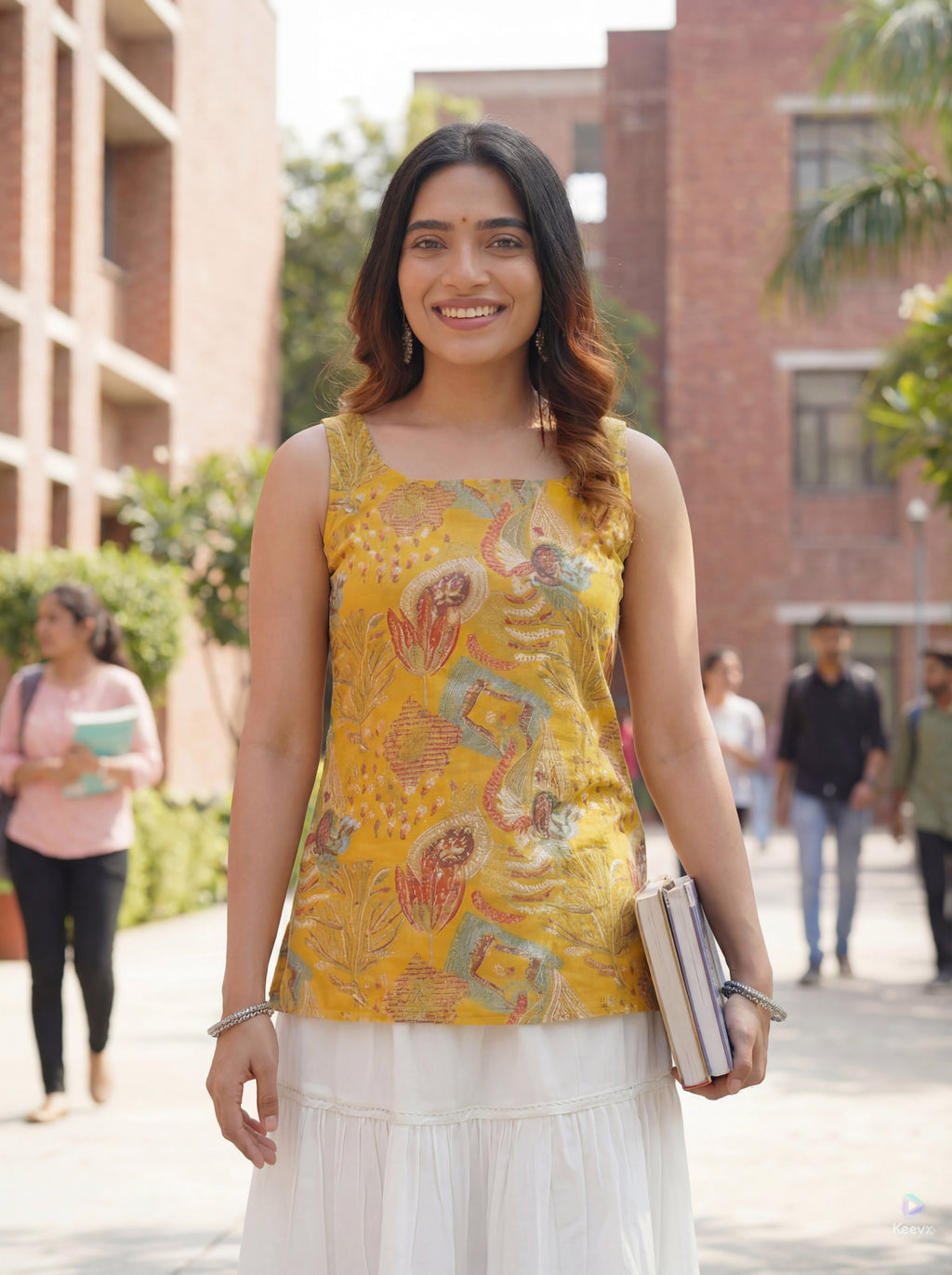 Sleeveless Yellow Cotton Kurti with Layered Gotta Patti Skirt and stylised Back Dori Design