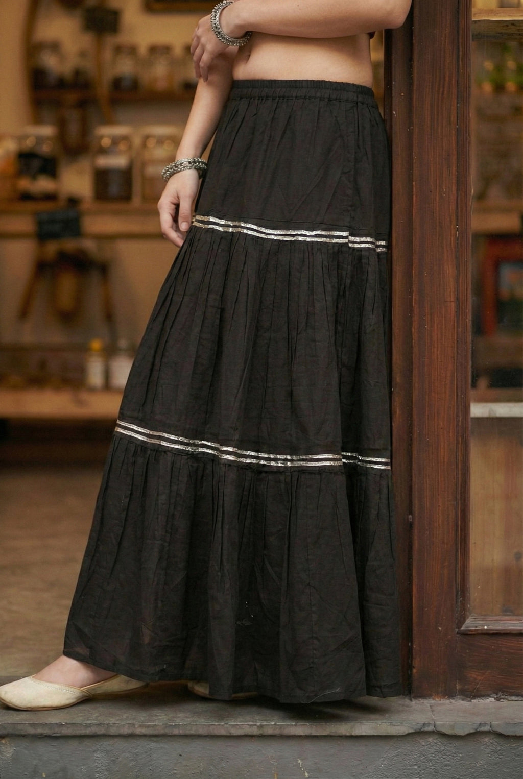 Sleeveless Red Cotton Kurti with Layered Gotta Patti Skirt and stylised Back Dori Design