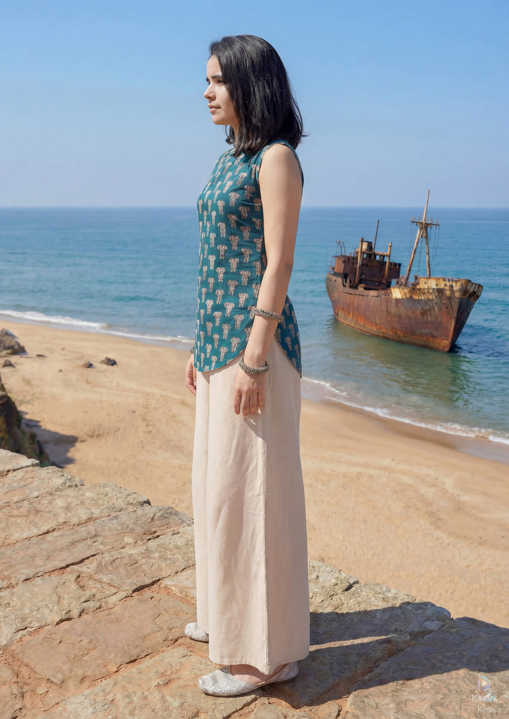Sleeveless Teal Blue Corset Style Kurti with Palazzo and stylised Back Dori Design