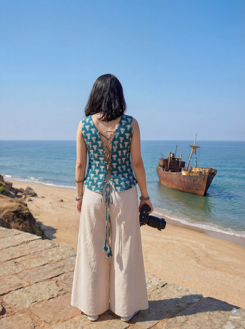 Sleeveless Teal Blue Corset Style Kurti with Palazzo and stylised Back Dori Design