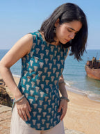 Sleeveless Teal Blue Corset Style Kurti with Palazzo and stylised Back Dori Design