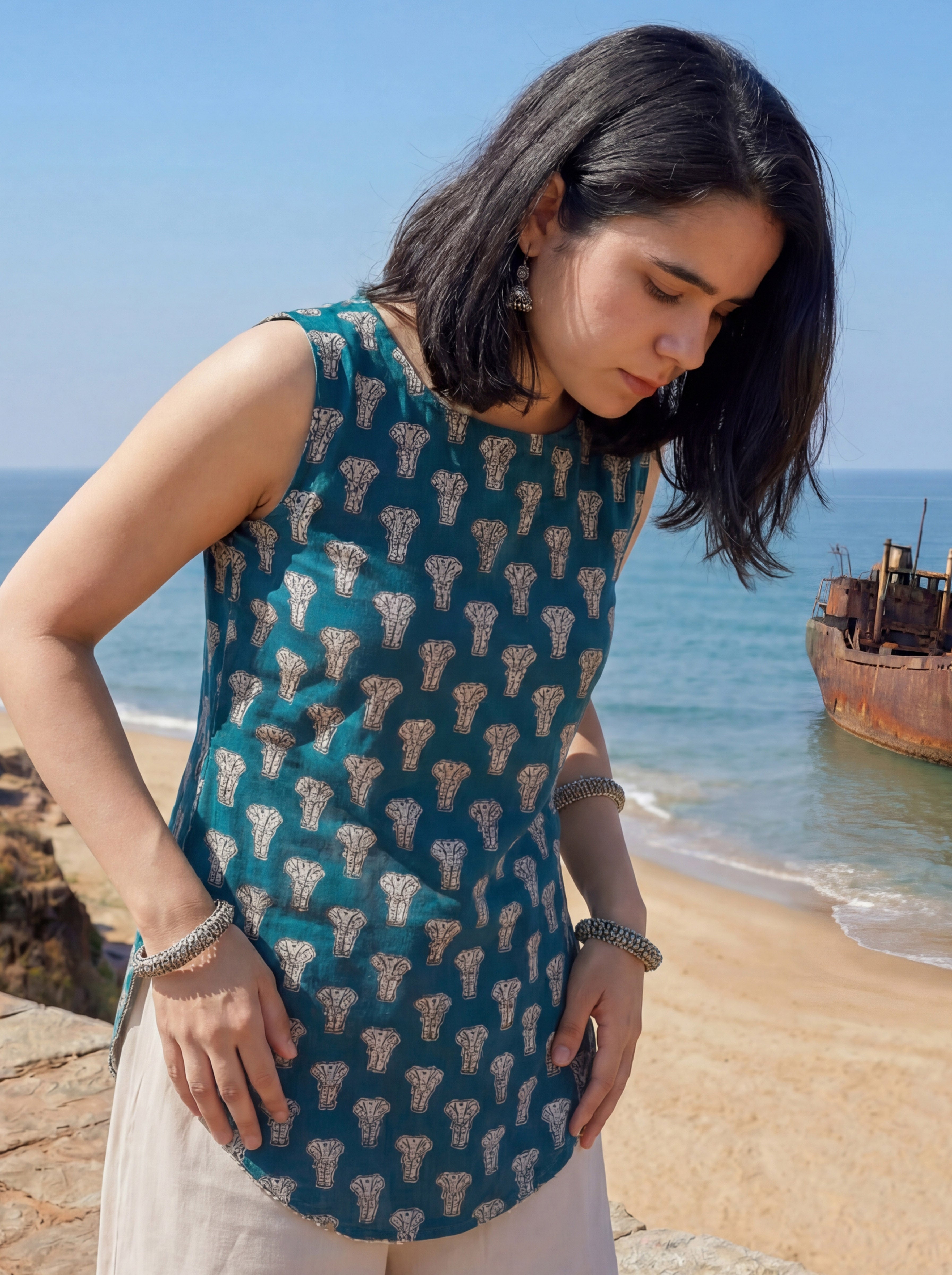 Sleeveless Teal Blue Corset Style Kurti with Palazzo and stylised Back Dori Design