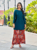 Teal color silk blend with embroidered tunic and printed plazzo co-ords set