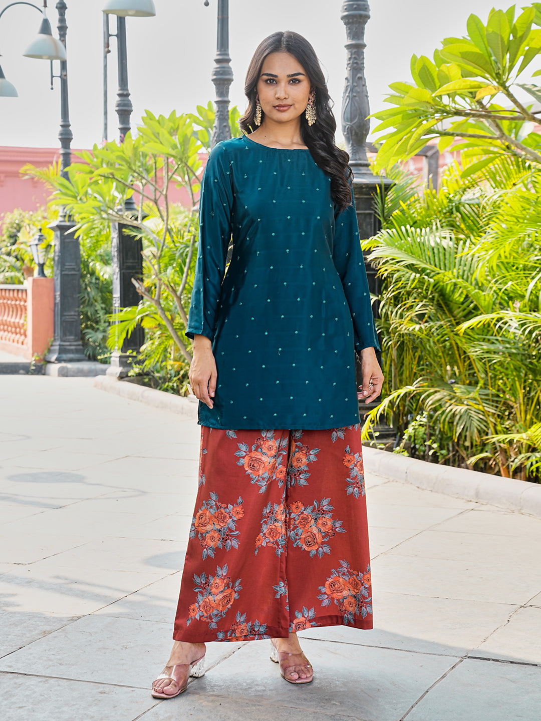 Teal color silk blend with embroidered tunic and printed plazzo co-ords set