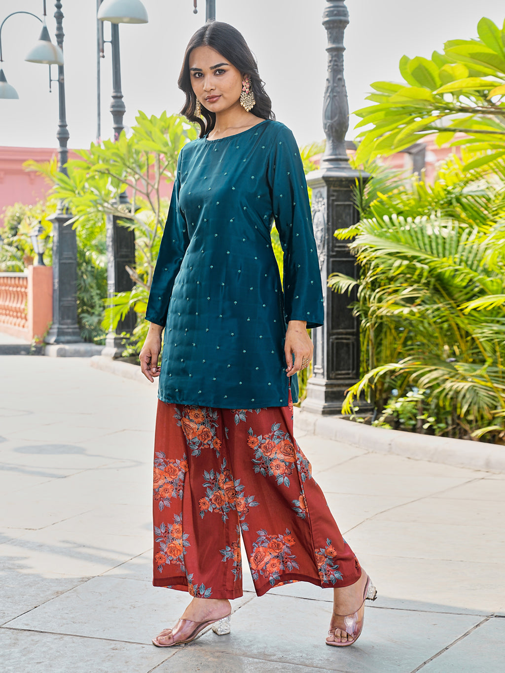 Teal color silk blend with embroidered tunic and printed plazzo co-ords set