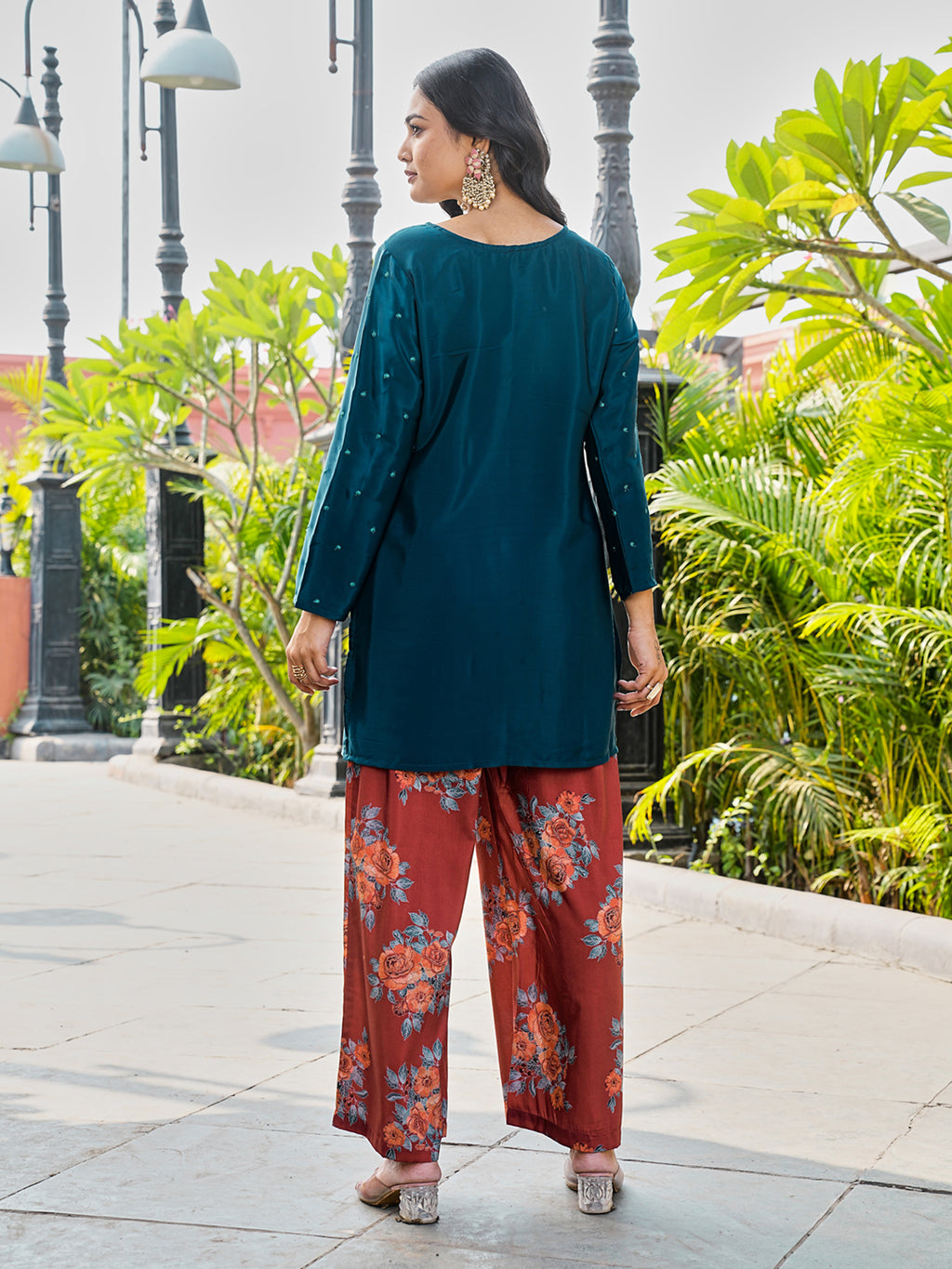 Teal color silk blend with embroidered tunic and printed plazzo co-ords set