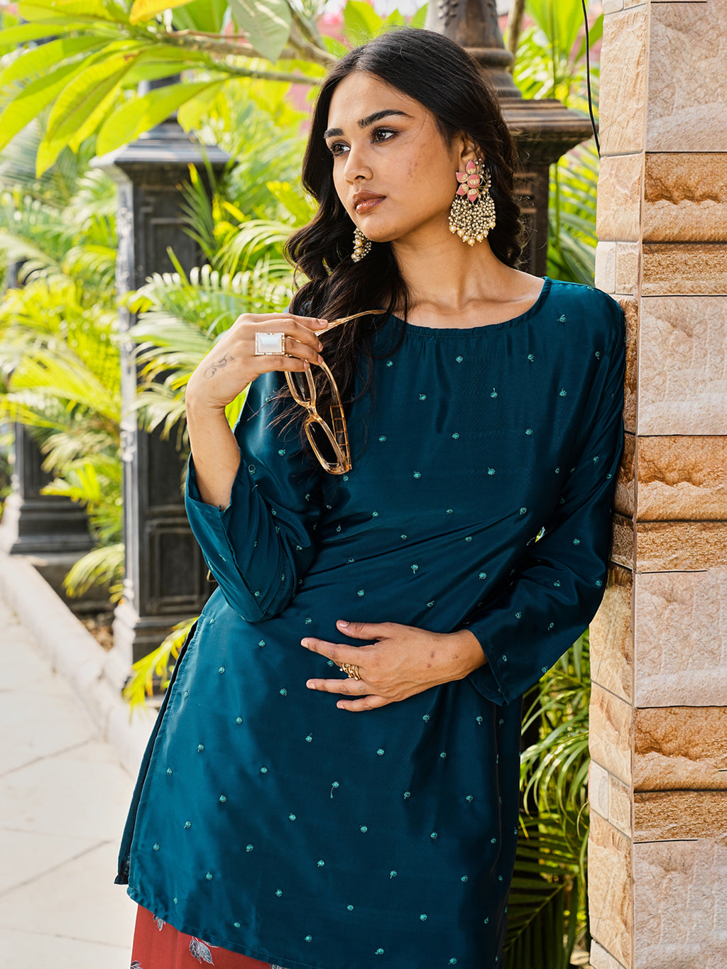Teal color silk blend with embroidered tunic and printed plazzo co-ords set