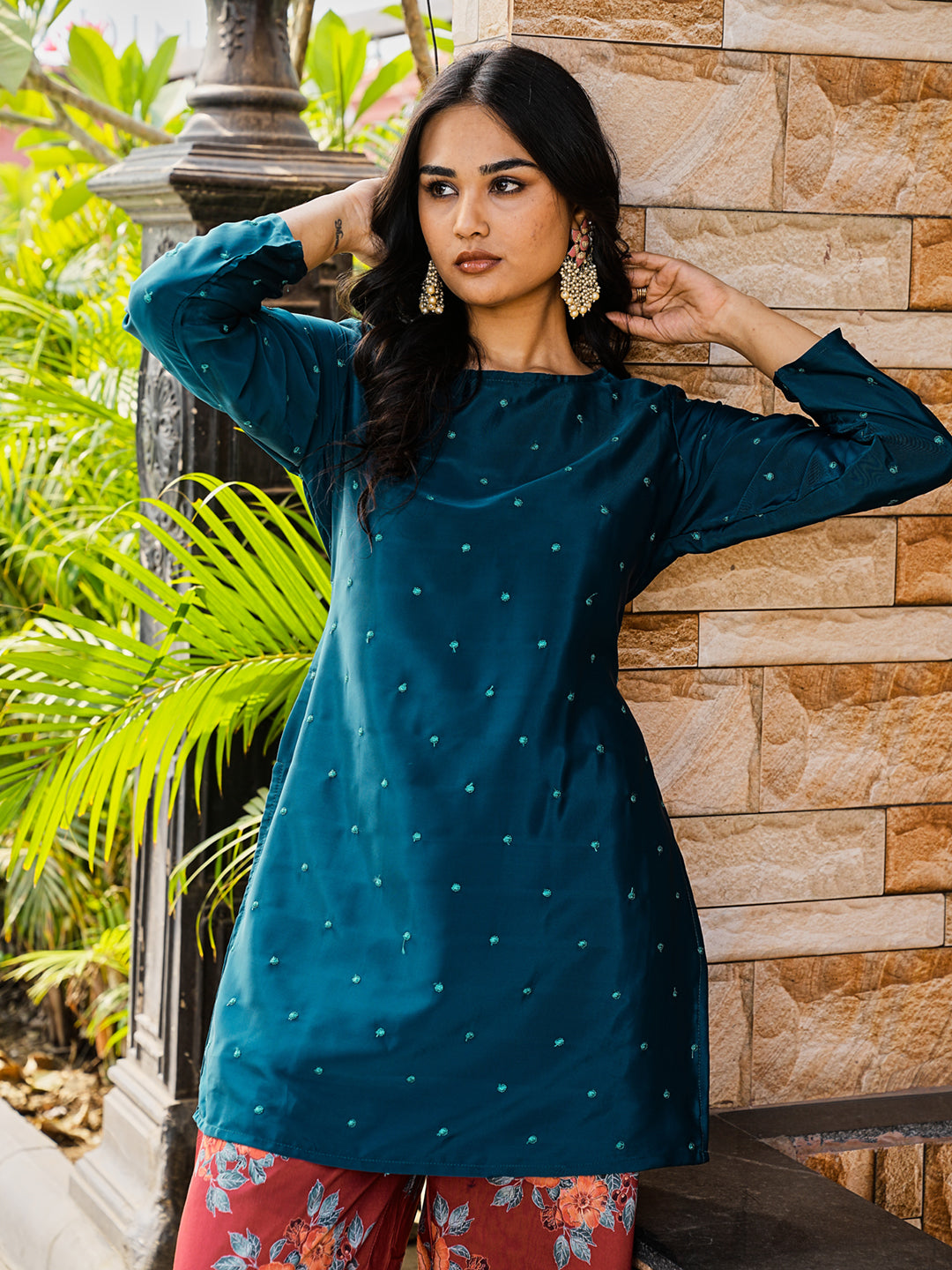 Teal color silk blend with embroidered tunic and printed plazzo co-ords set