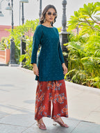Teal color silk blend with embroidered tunic and printed plazzo co-ords set