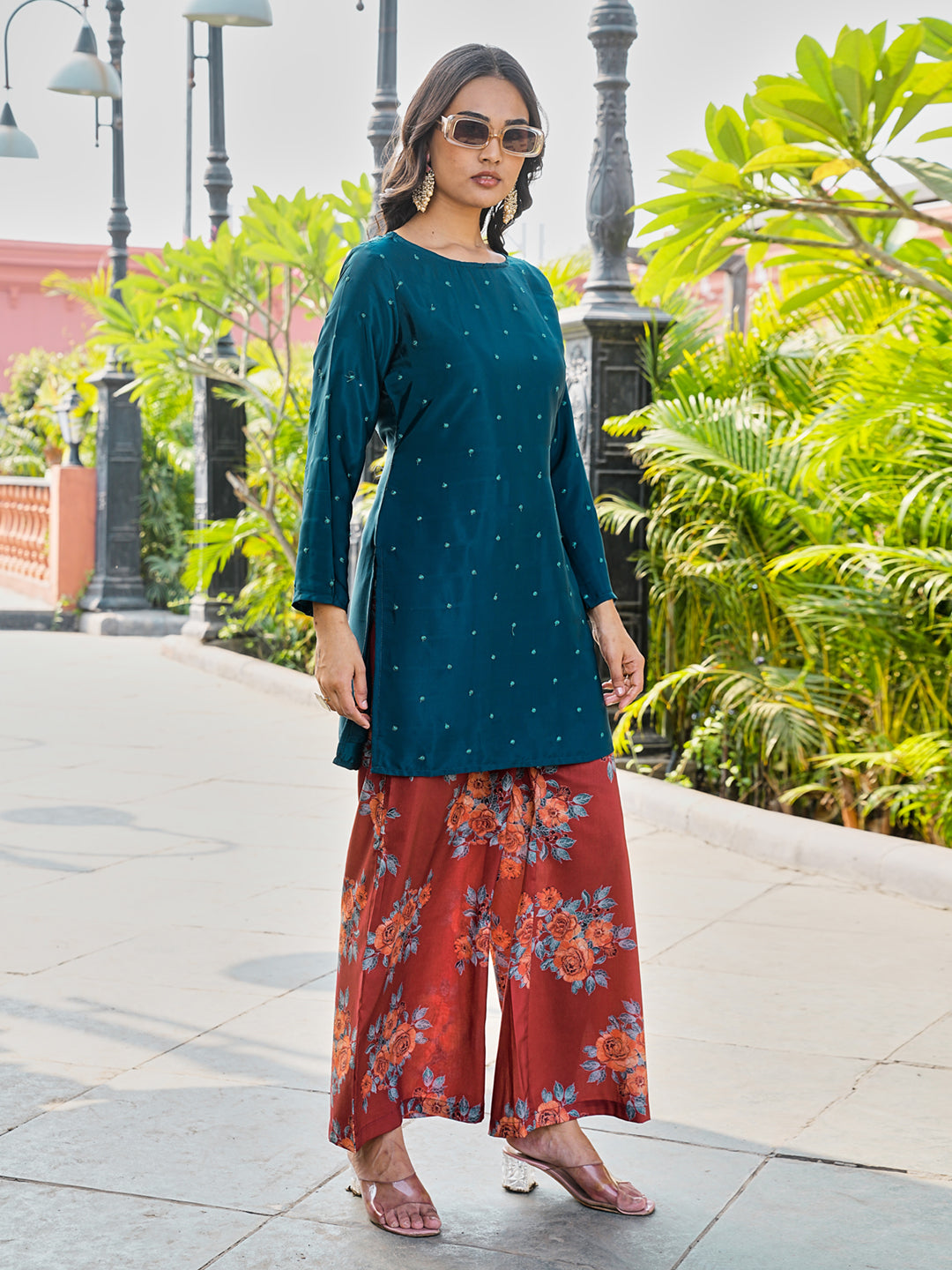 Teal color silk blend with embroidered tunic and printed plazzo co-ords set