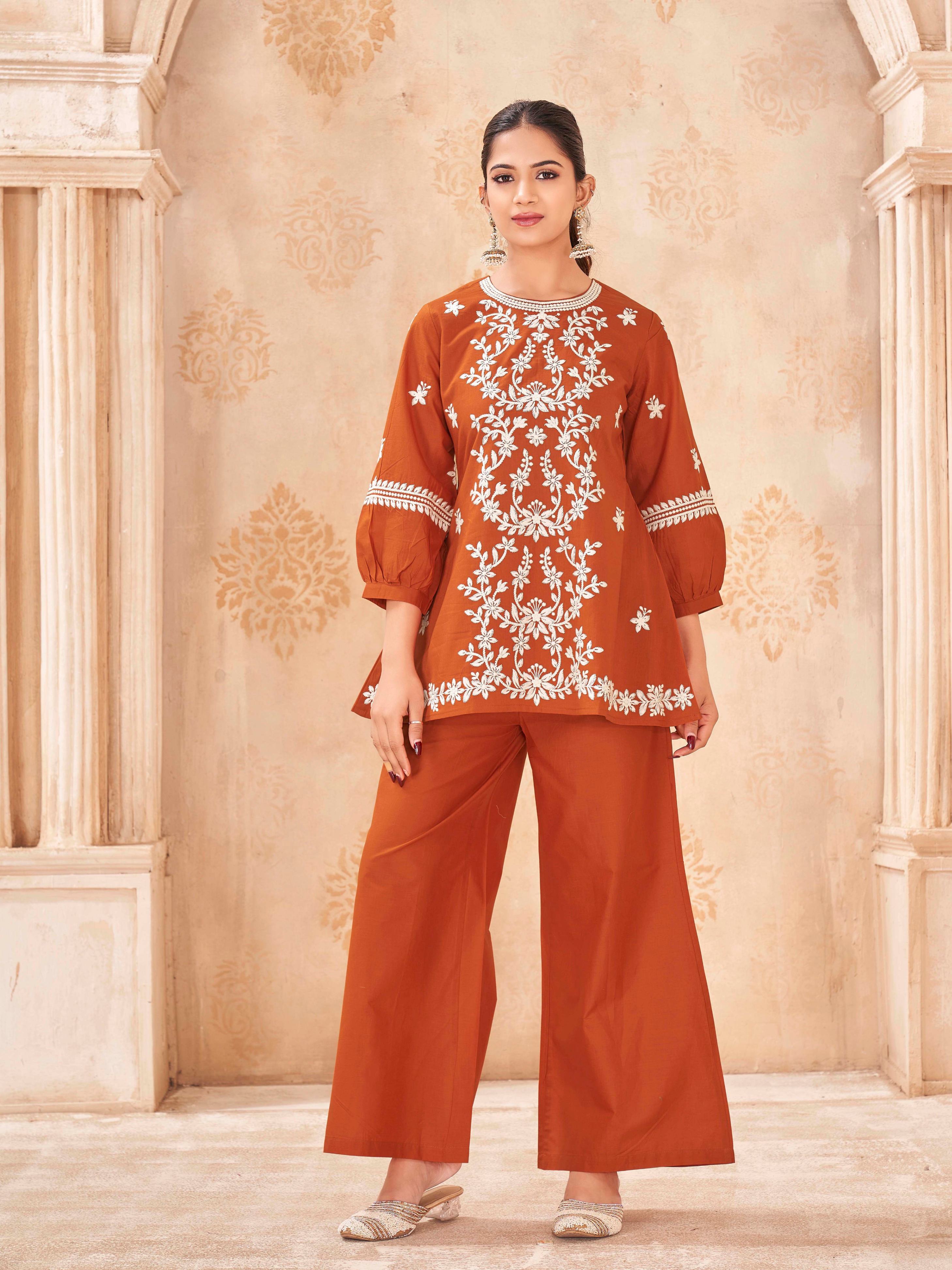 Rust color pure cotton with white thread embroidered tunic and plazzo cordset