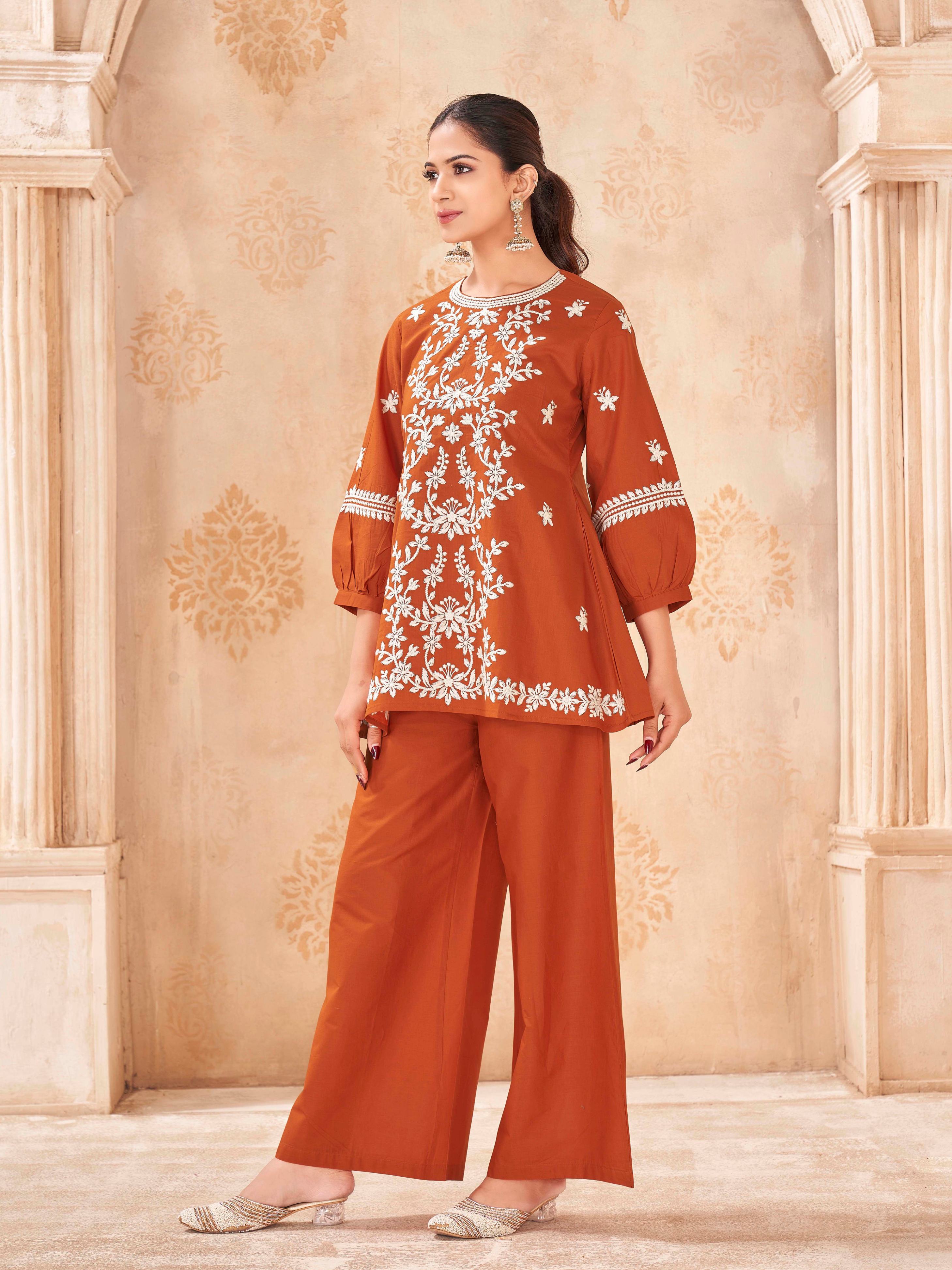 Rust color pure cotton with white thread embroidered tunic and plazzo cordset