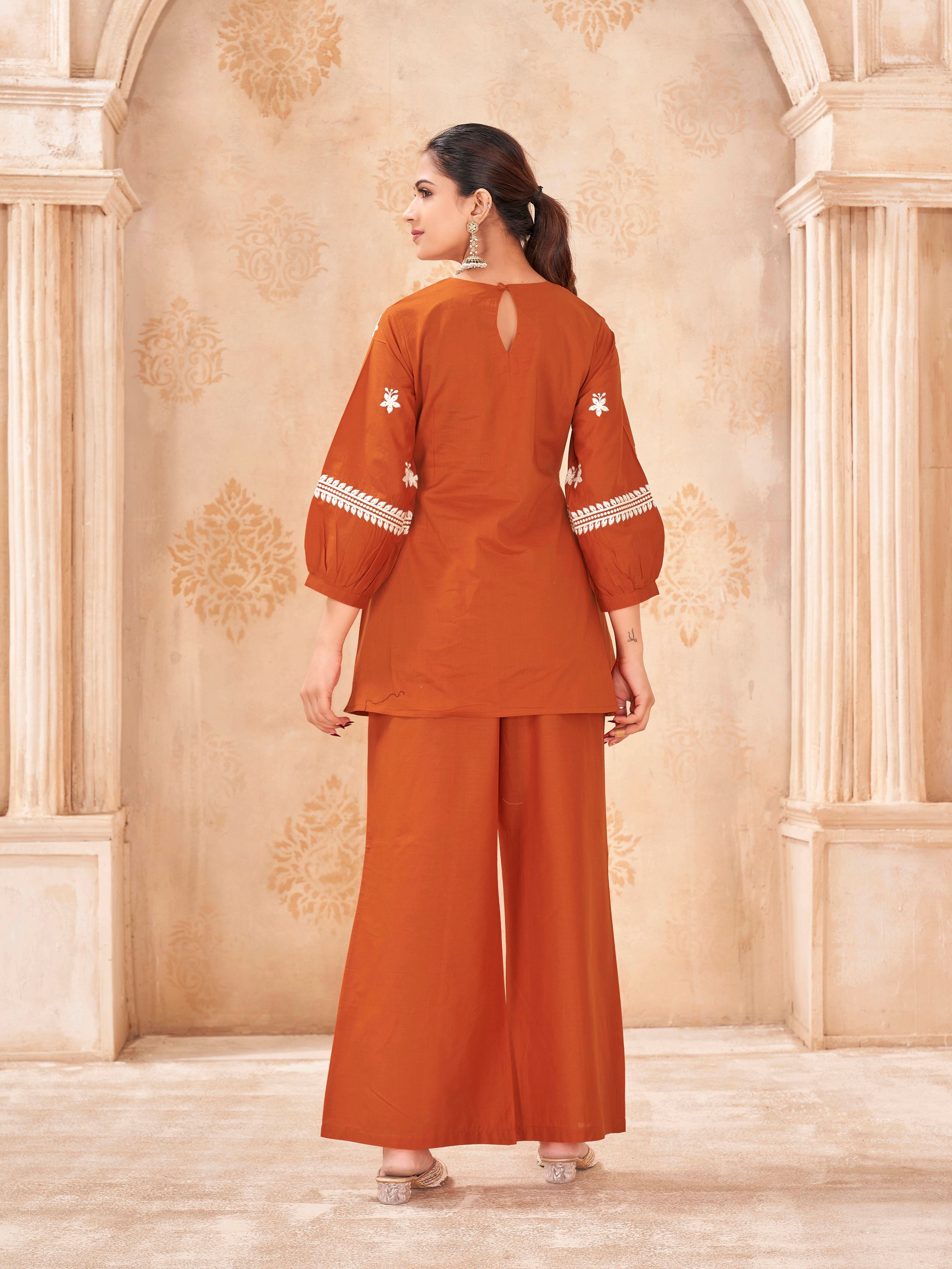 Rust color pure cotton with white thread embroidered tunic and plazzo cordset