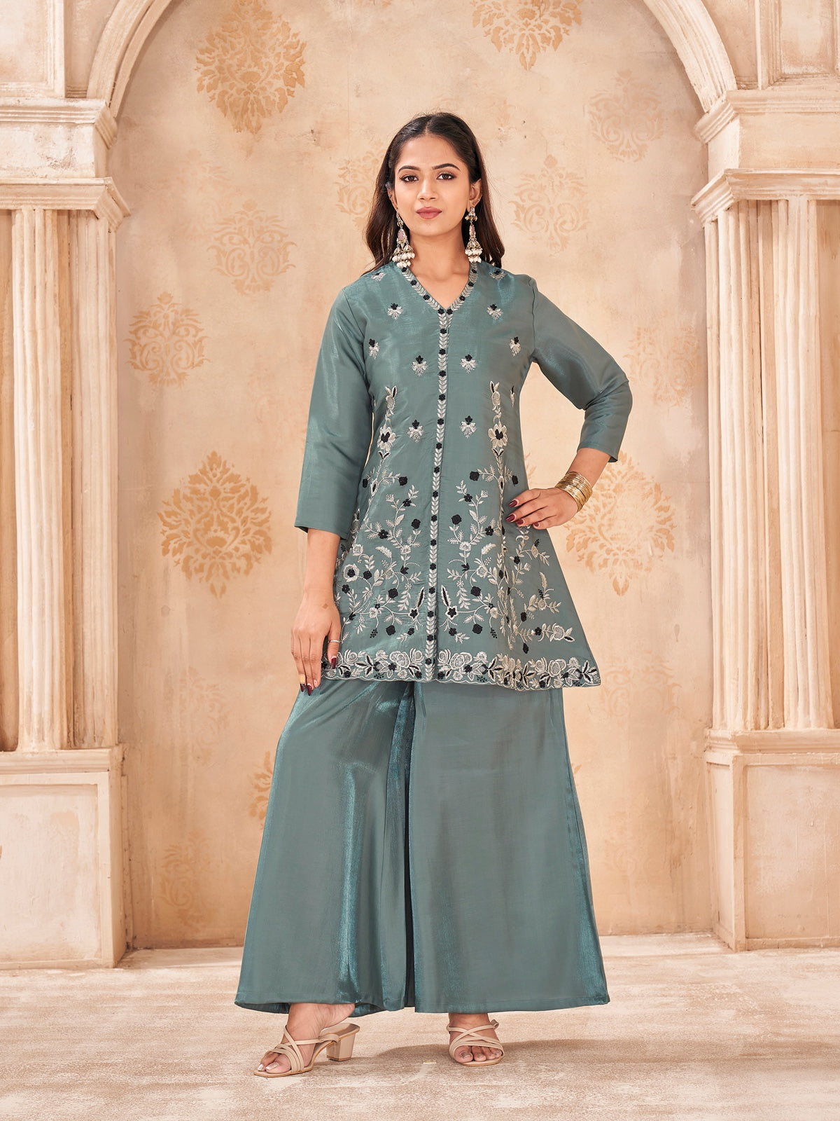 Sea green color silk blend with thread and zari embroidered tunic & A-line plazzo cordset