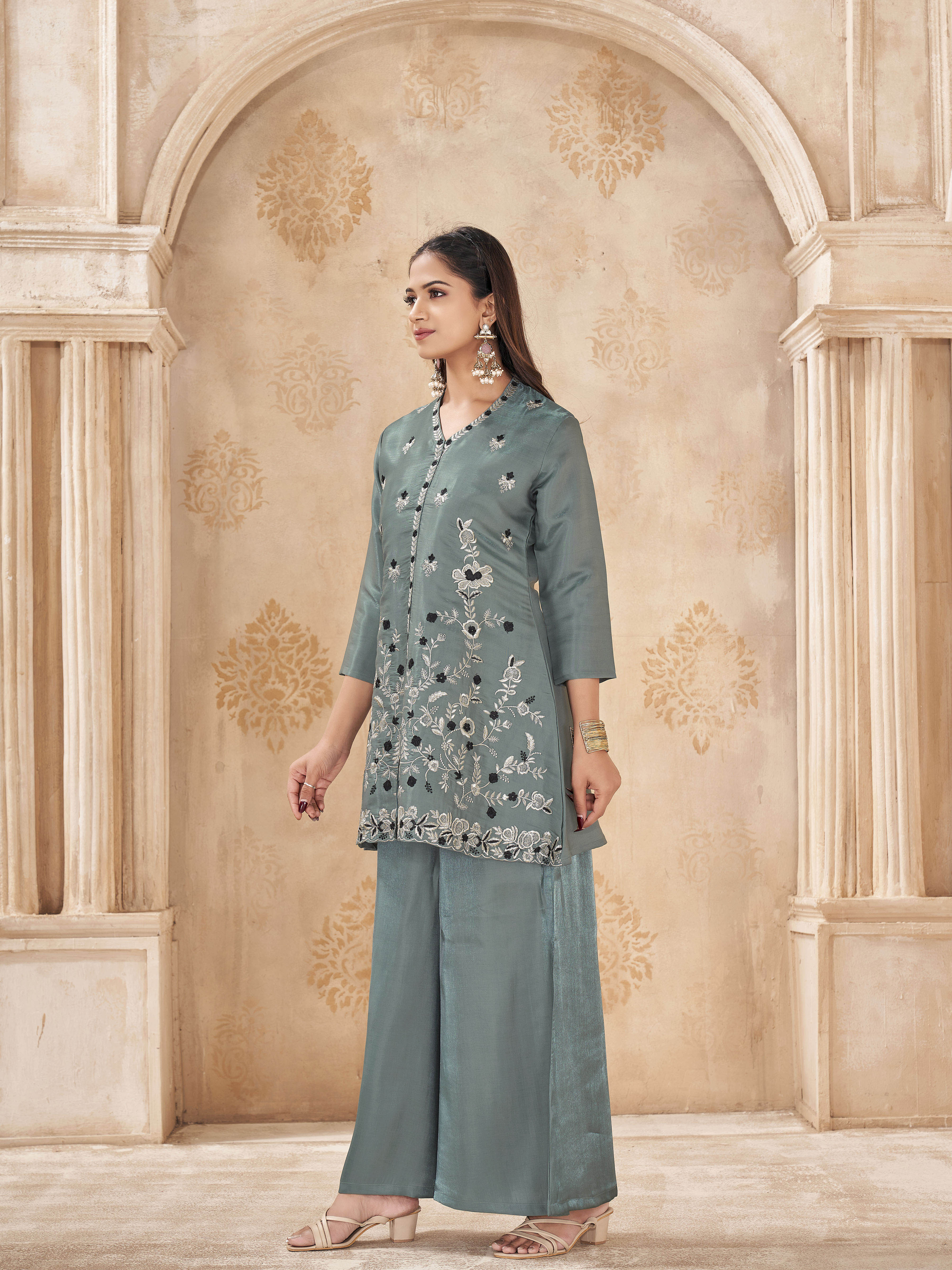 Sea green color silk blend with thread and zari embroidered tunic & A-line plazzo cordset