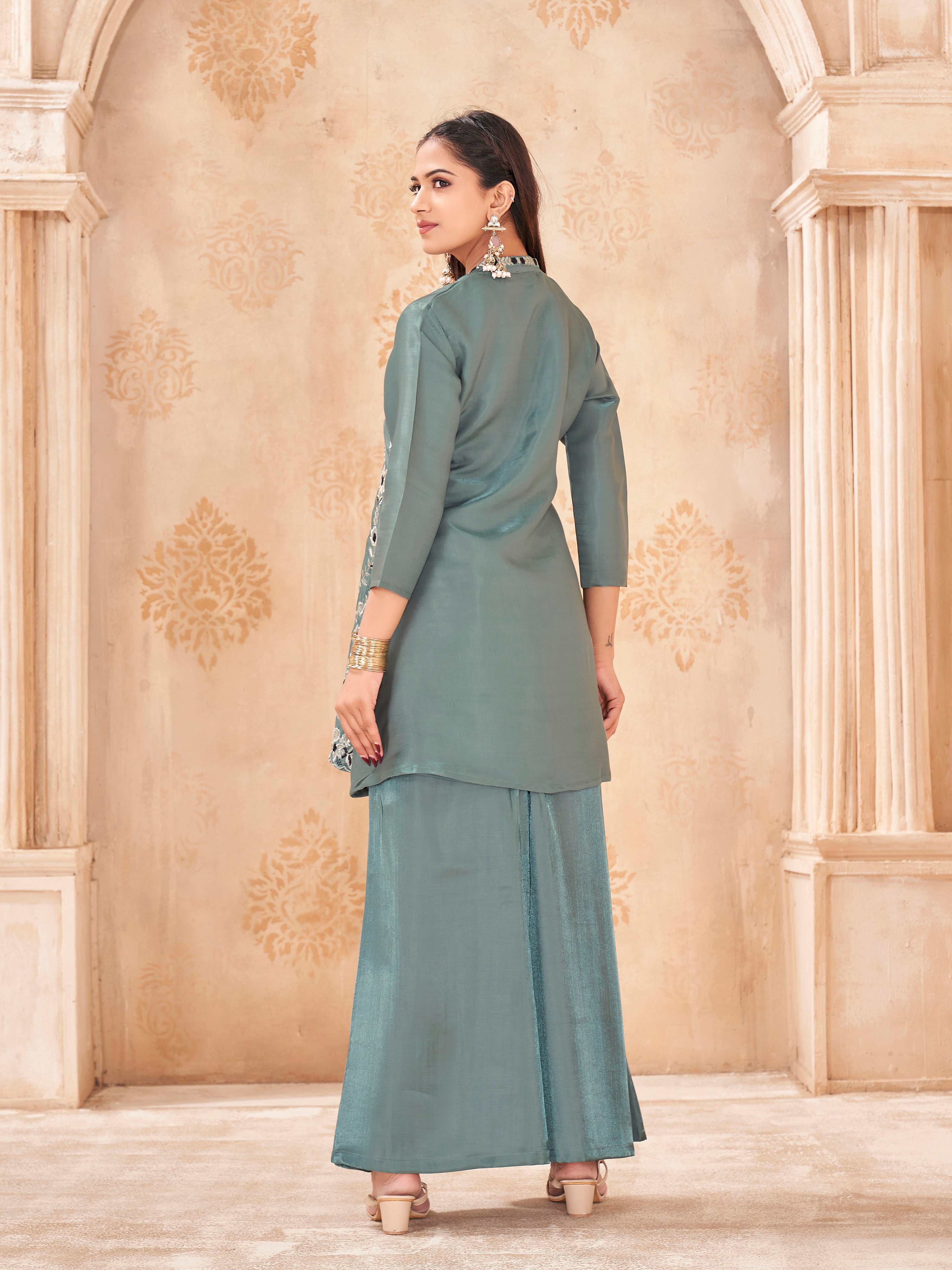 Sea green color silk blend with thread and zari embroidered tunic & A-line plazzo cordset