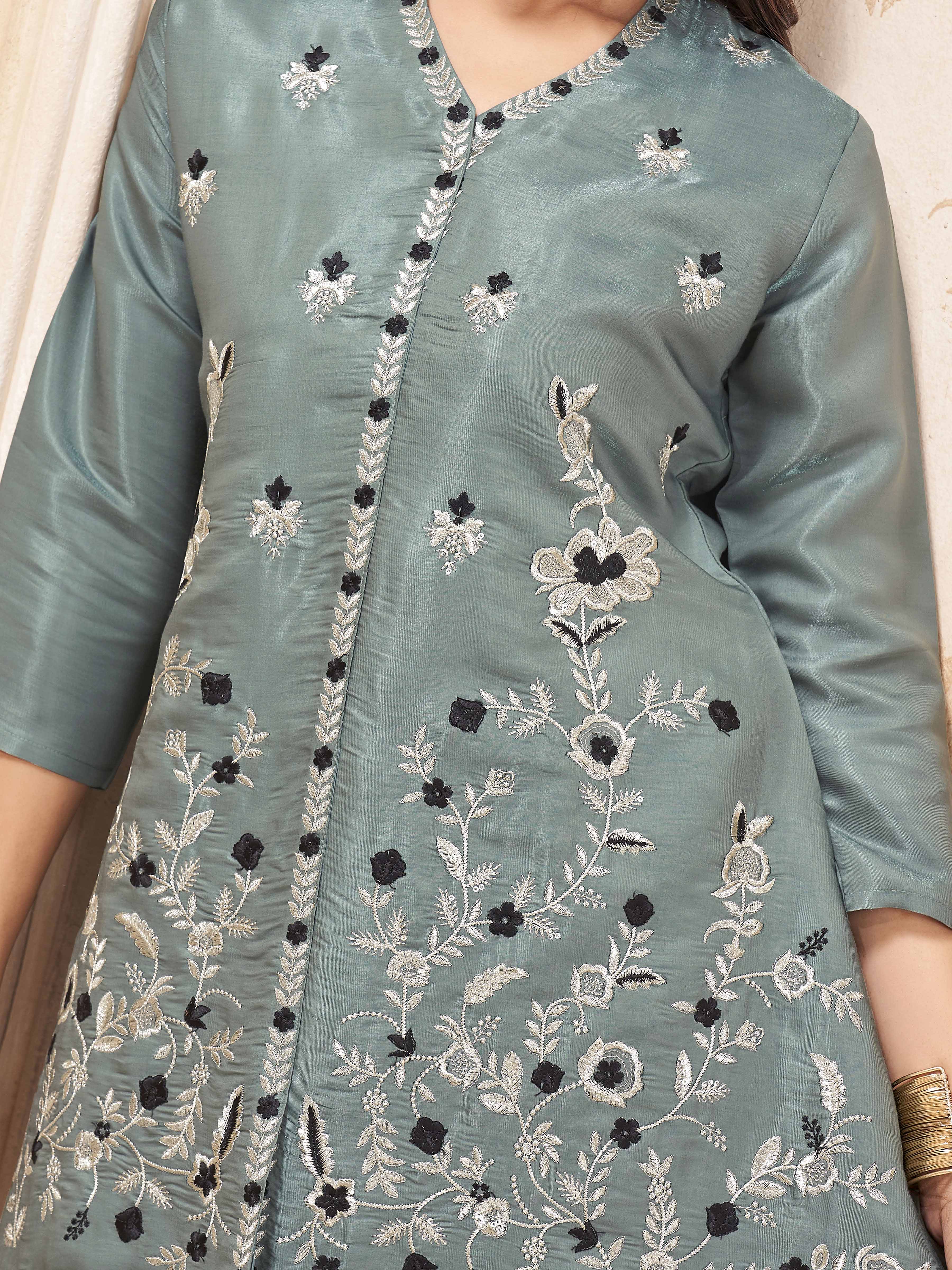 Sea green color silk blend with thread and zari embroidered tunic & A-line plazzo cordset