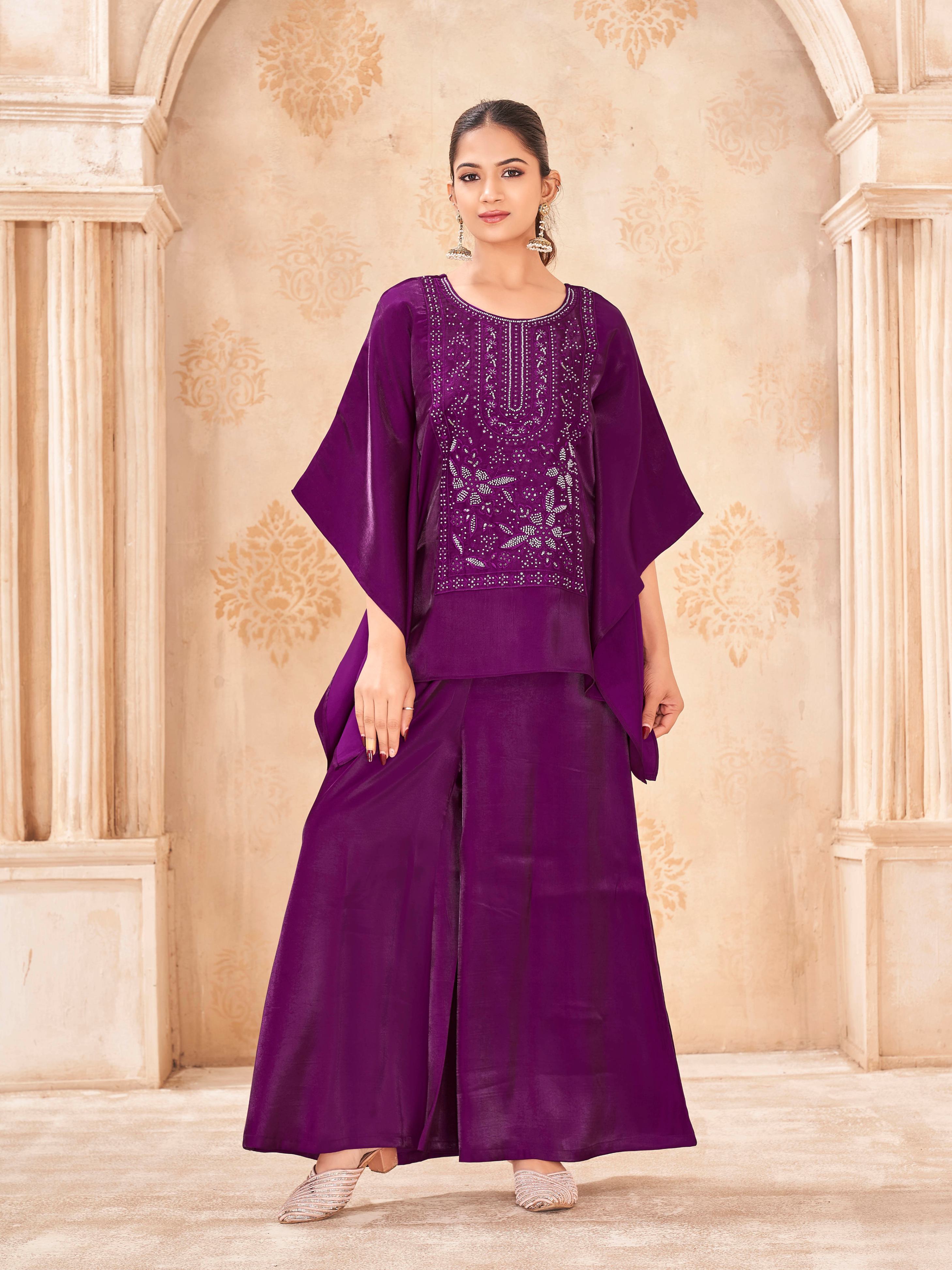 Burgundy color silk blend thread work embroidered kaftan style tunic & A-line plazzo cordset