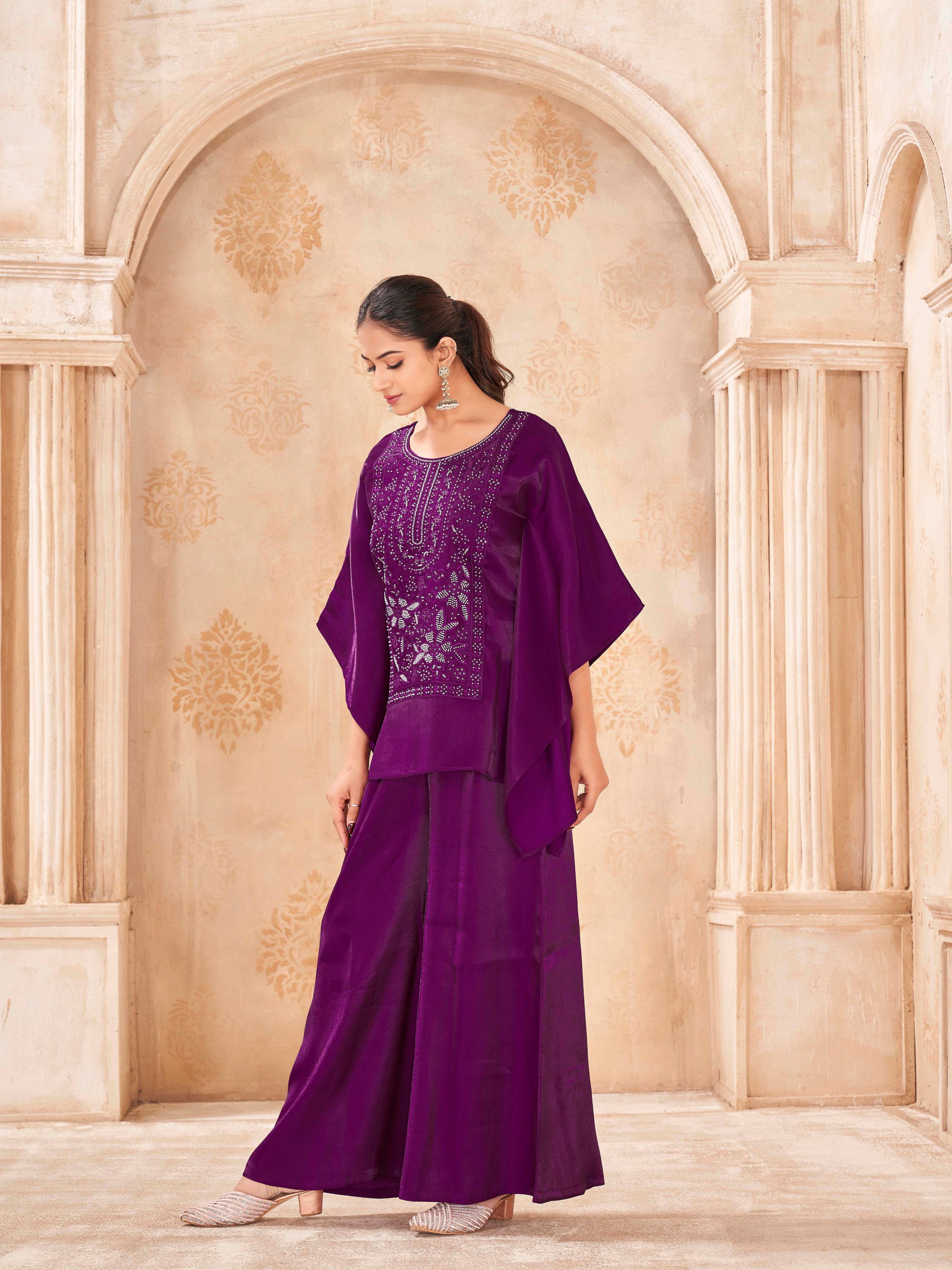 Burgundy color silk blend thread work embroidered kaftan style tunic & A-line plazzo cordset