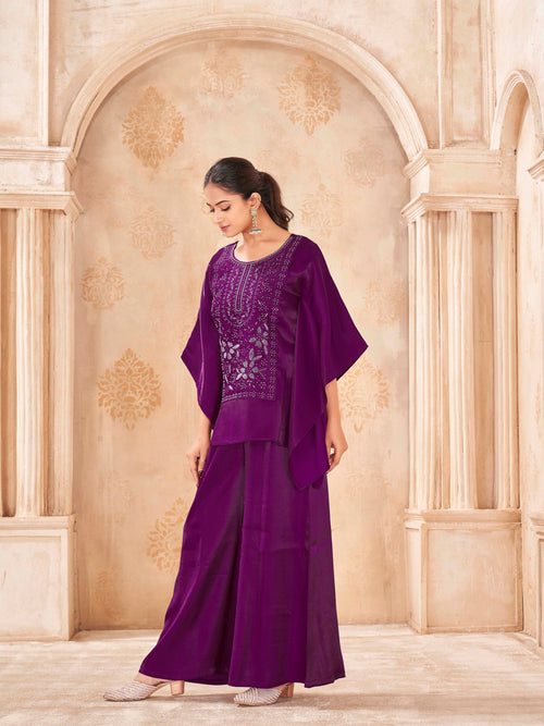 Burgundy color silk blend thread work embroidered kaftan style tunic & A-line plazzo cordset