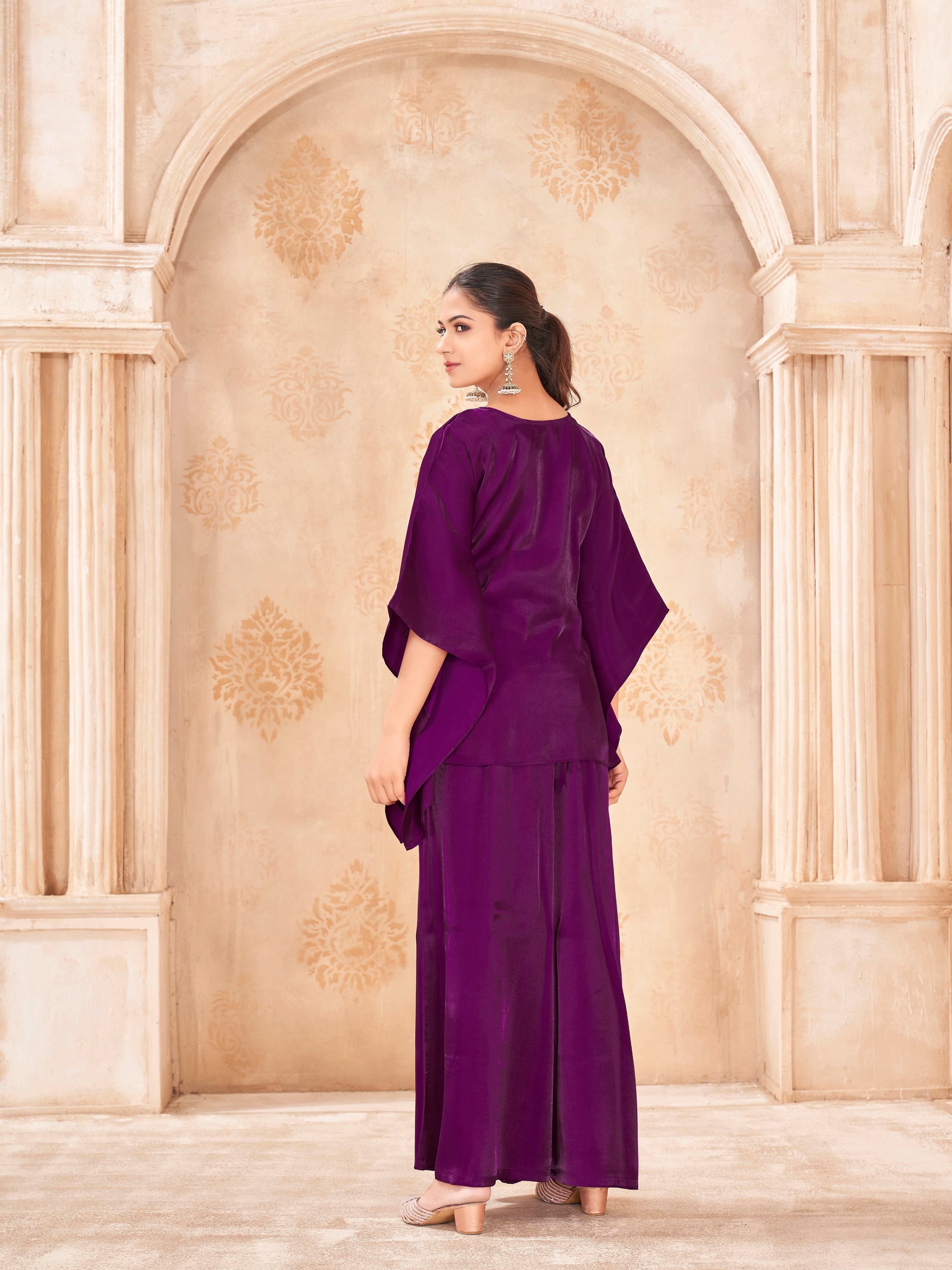 Burgundy color silk blend thread work embroidered kaftan style tunic & A-line plazzo cordset