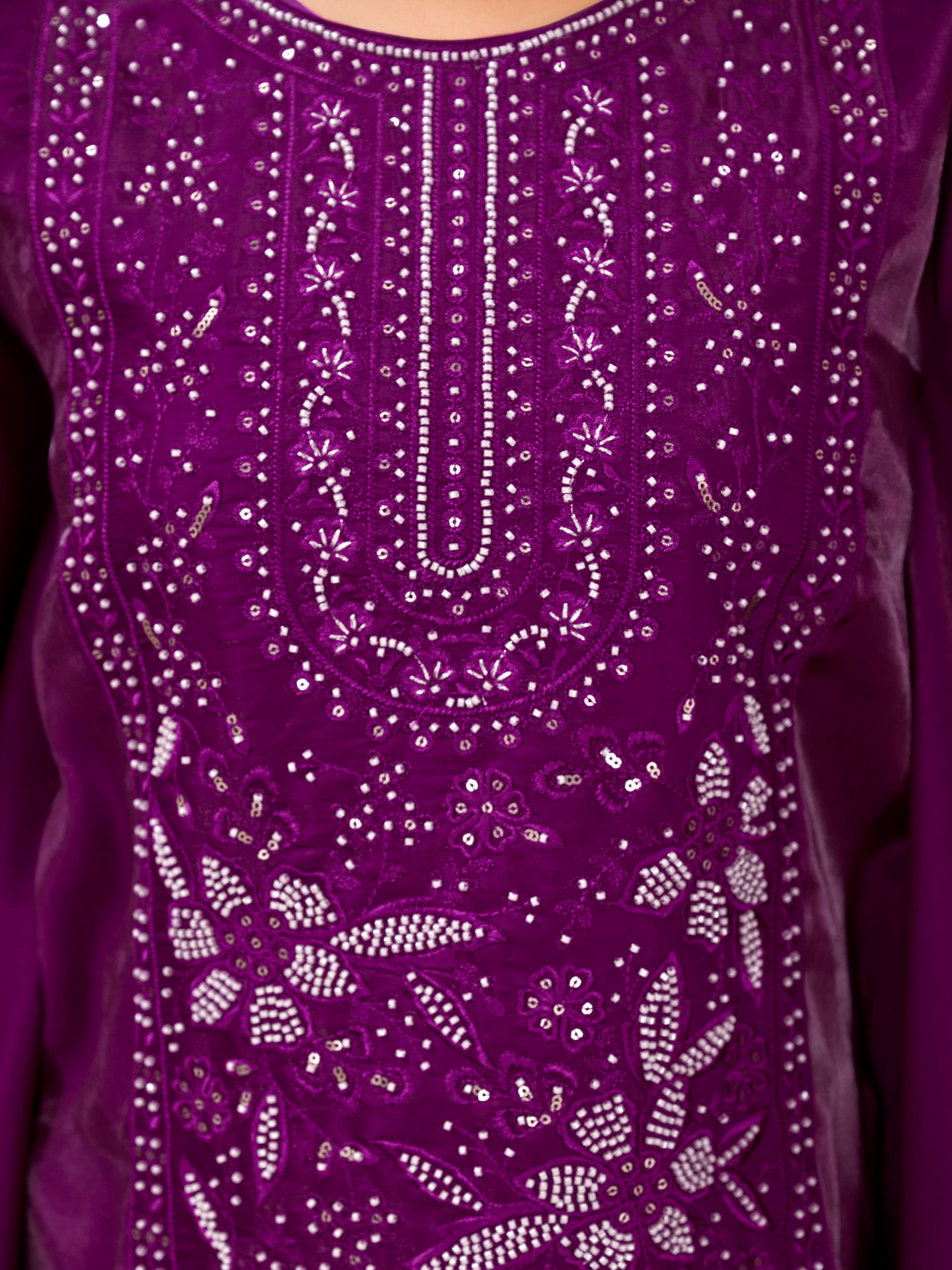 Burgundy color silk blend thread work embroidered kaftan style tunic & A-line plazzo cordset