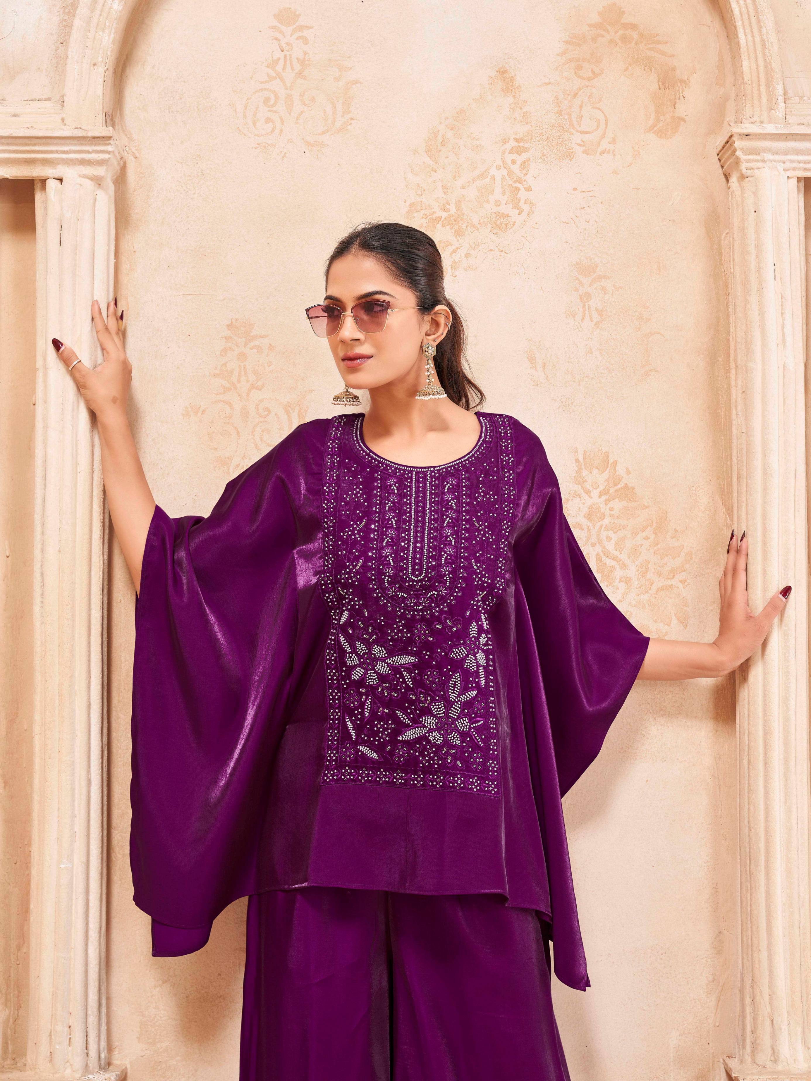 Burgundy color silk blend thread work embroidered kaftan style tunic & A-line plazzo cordset