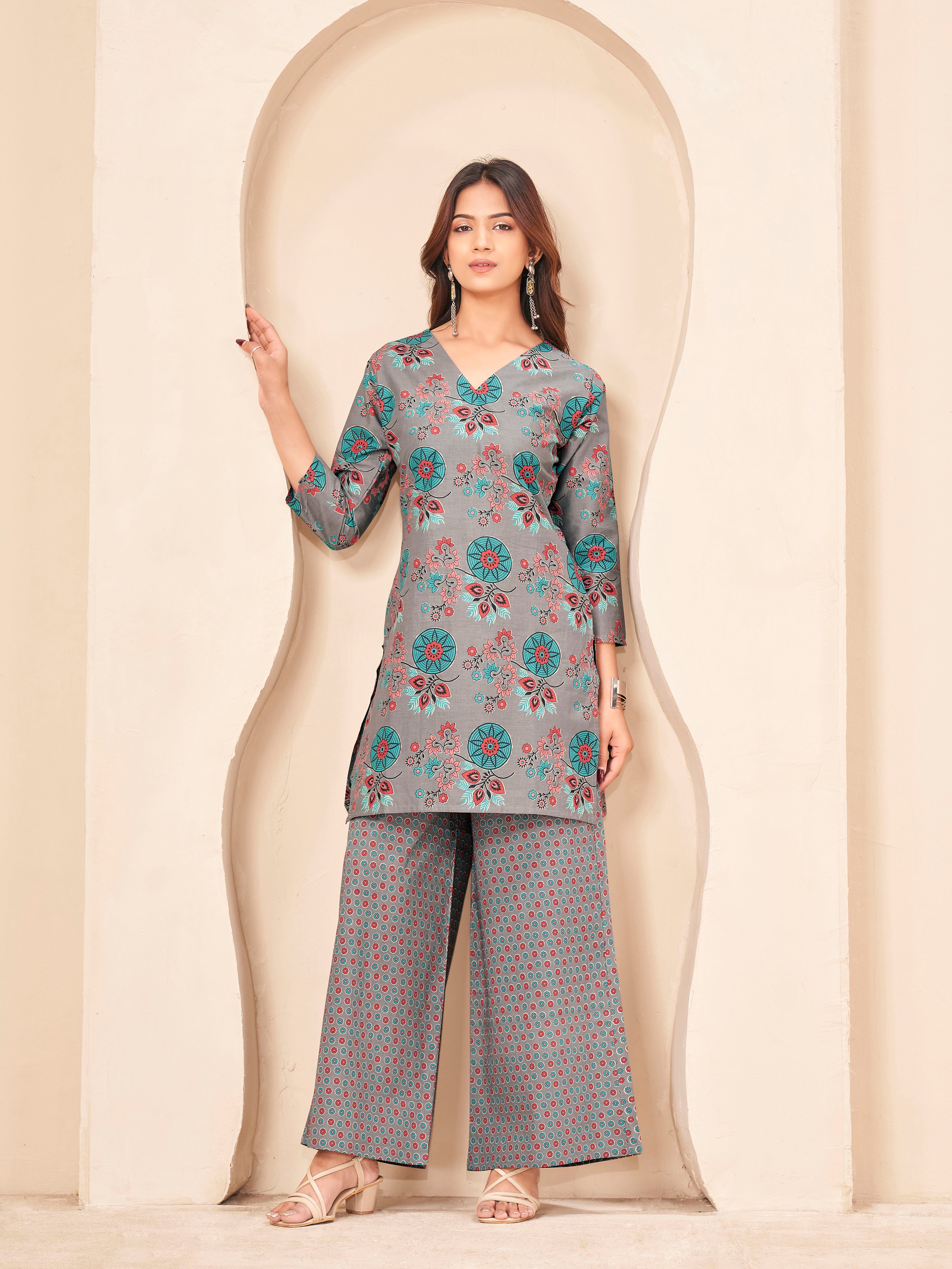 Grey color pure cotton with multi color flowral printed tunic & flowral printed plazzo cordset