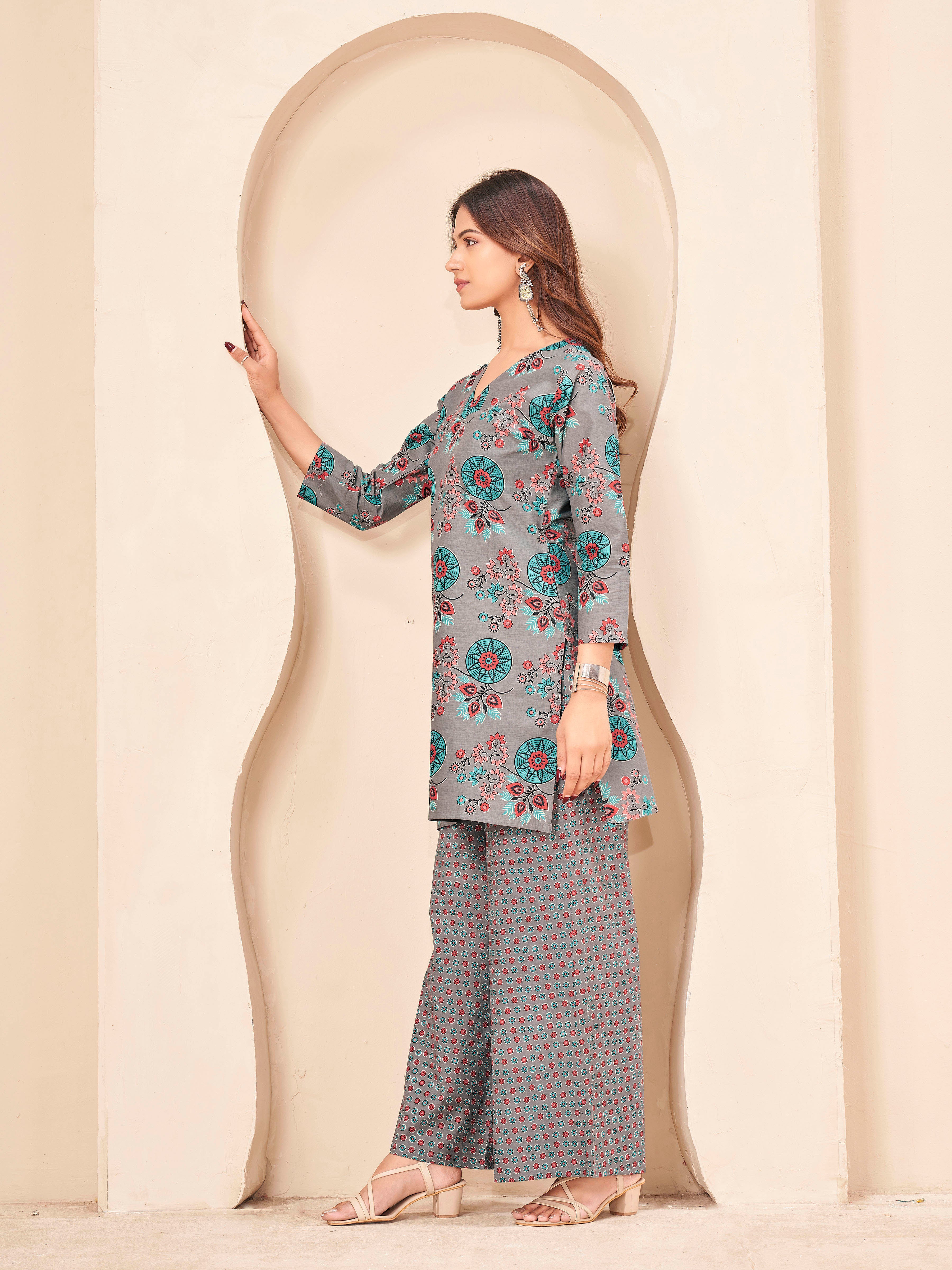Grey color pure cotton with multi color flowral printed tunic & flowral printed plazzo cordset