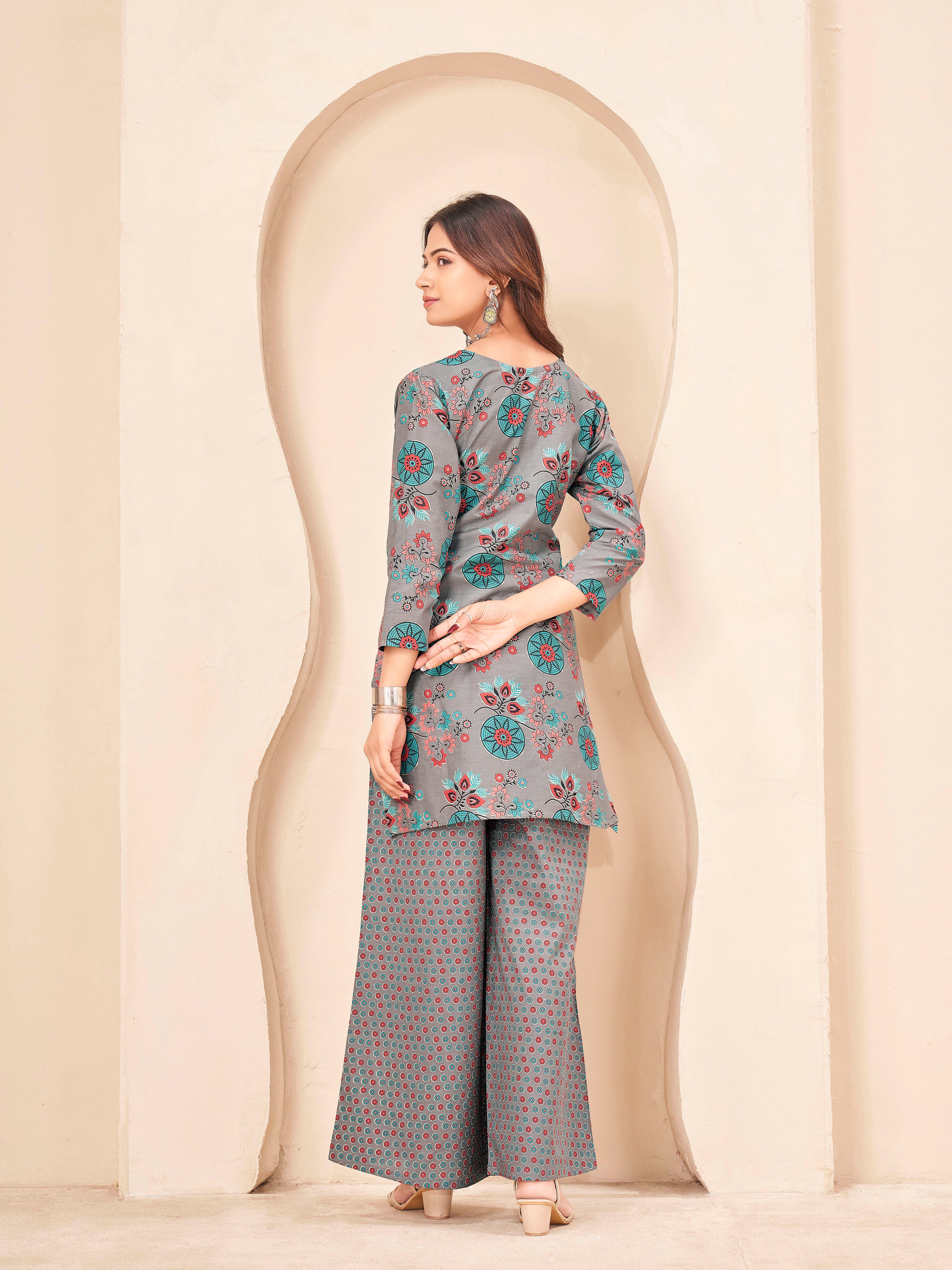 Grey color pure cotton with multi color flowral printed tunic & flowral printed plazzo cordset