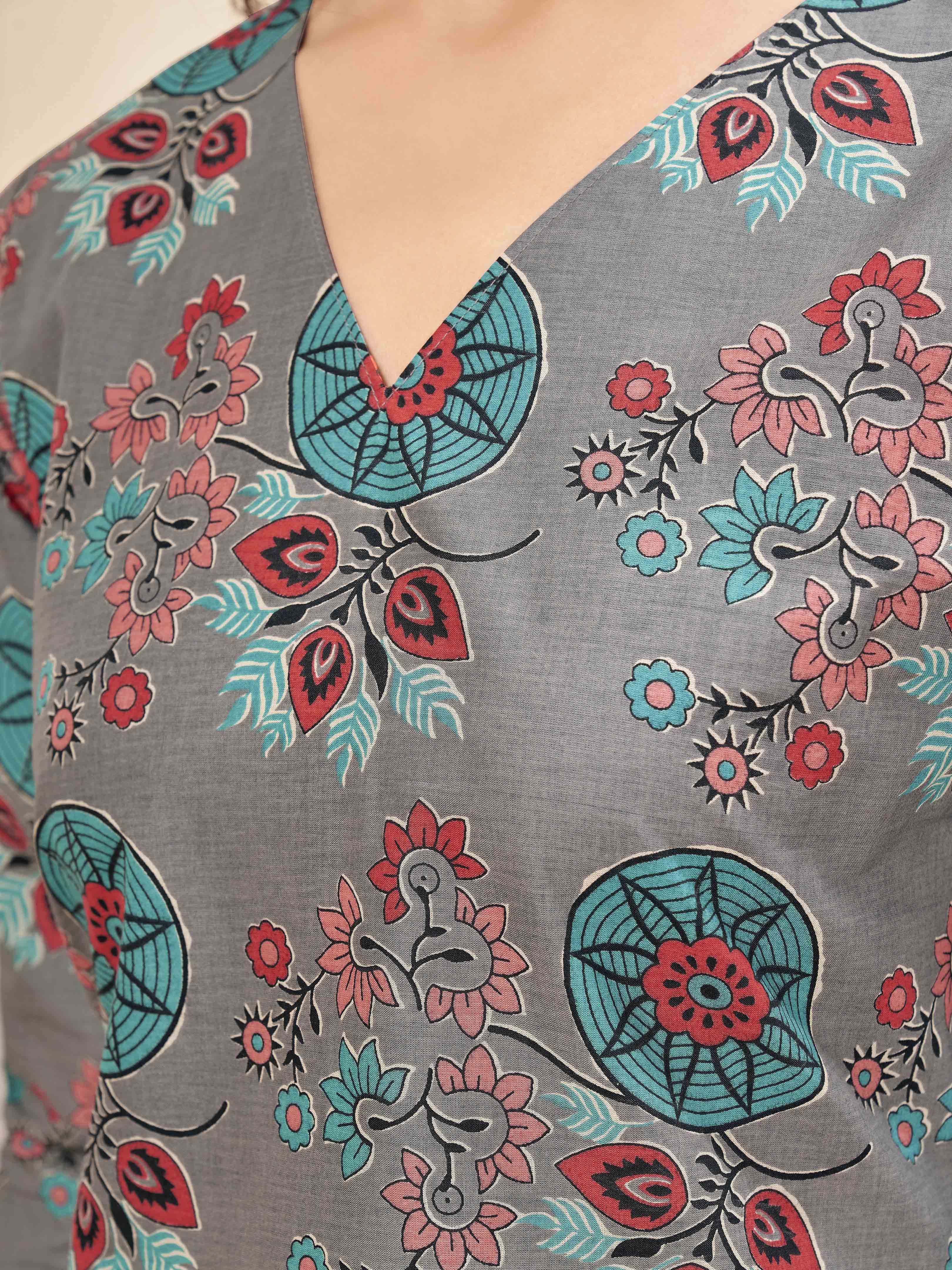 Grey color pure cotton with multi color flowral printed tunic & flowral printed plazzo cordset