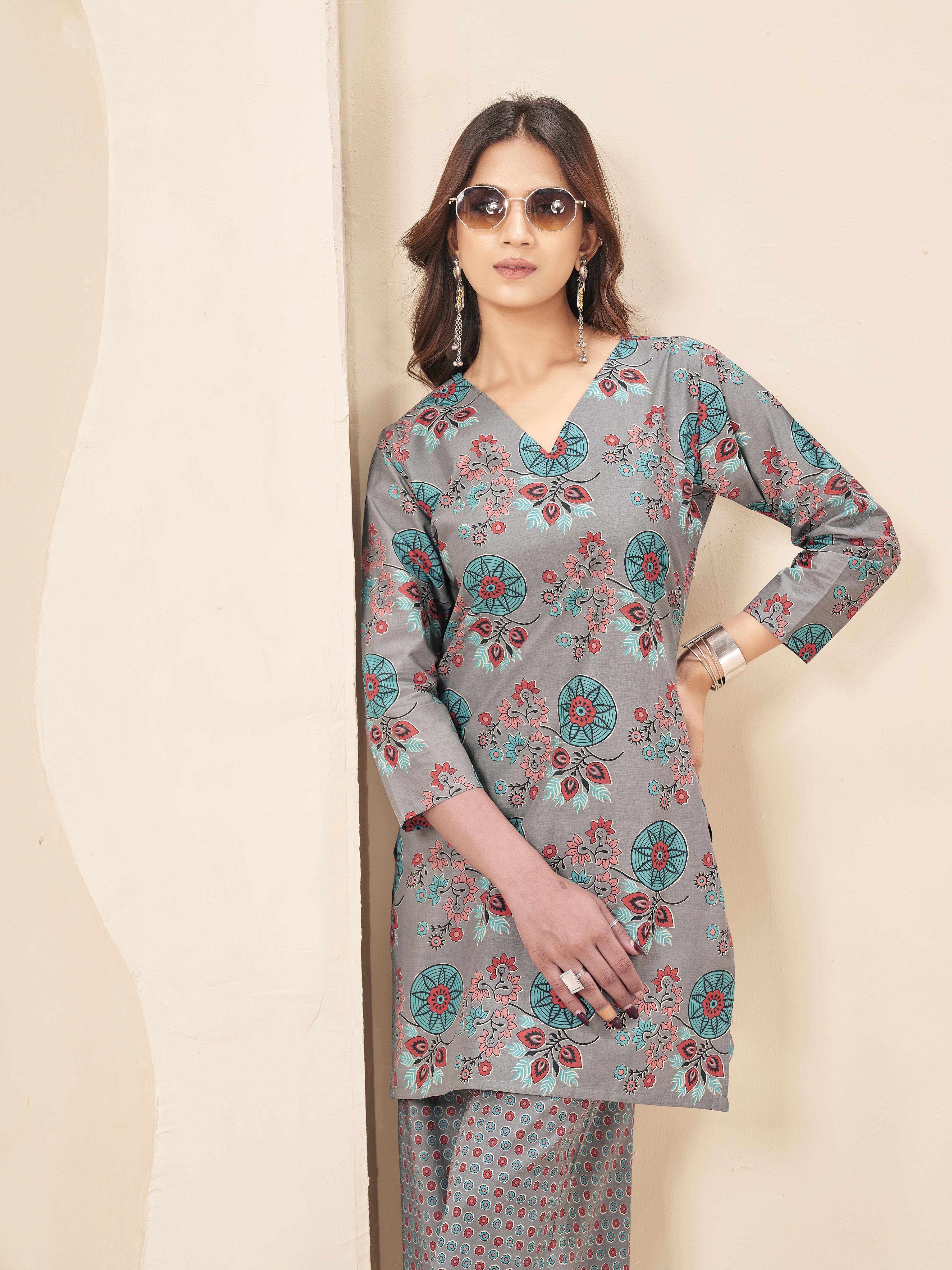 Grey color pure cotton with multi color flowral printed tunic & flowral printed plazzo cordset