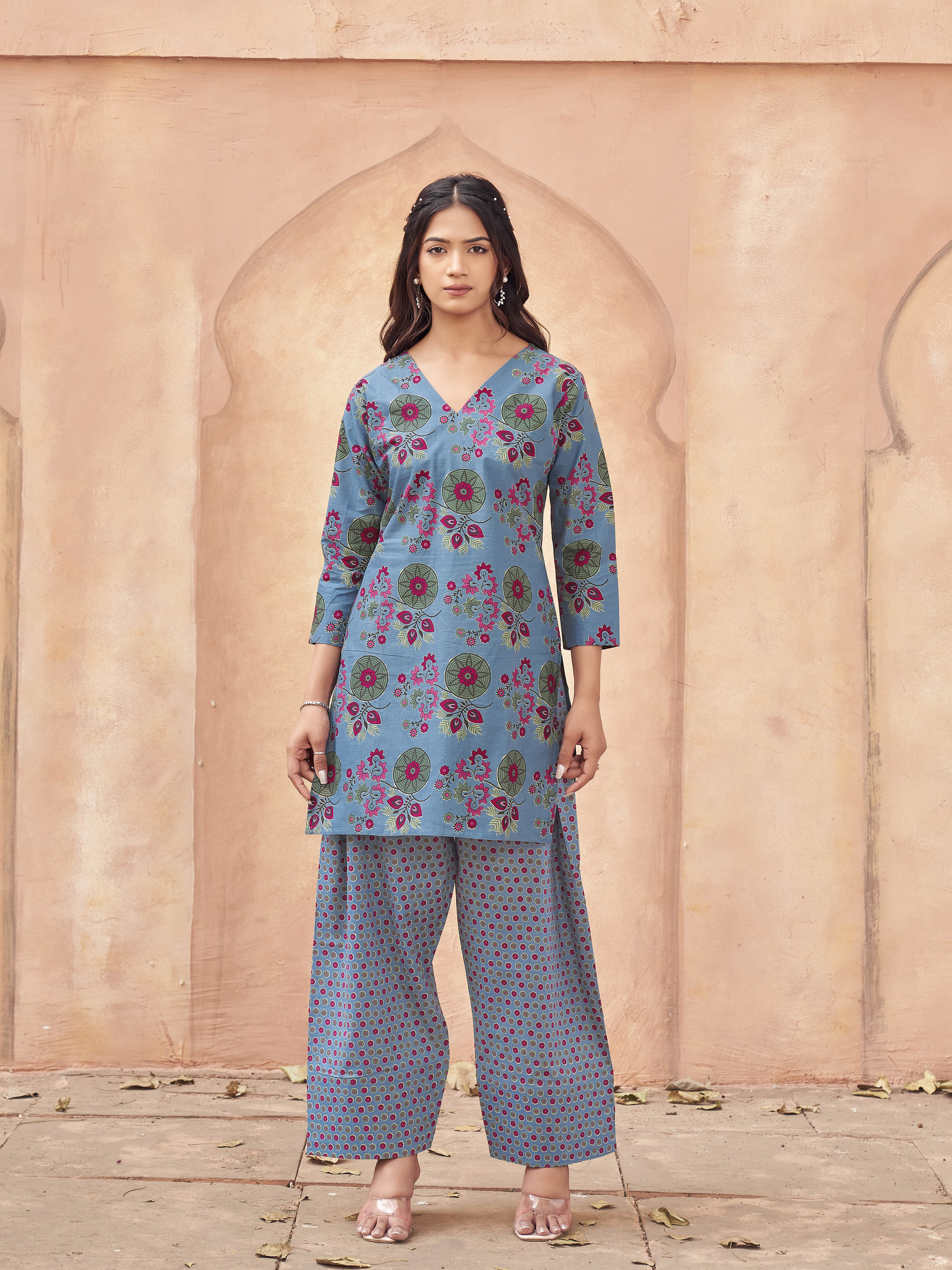 Denim Blue color pure cotton with multi color floral printed tunic & farsi salwar co-ord set