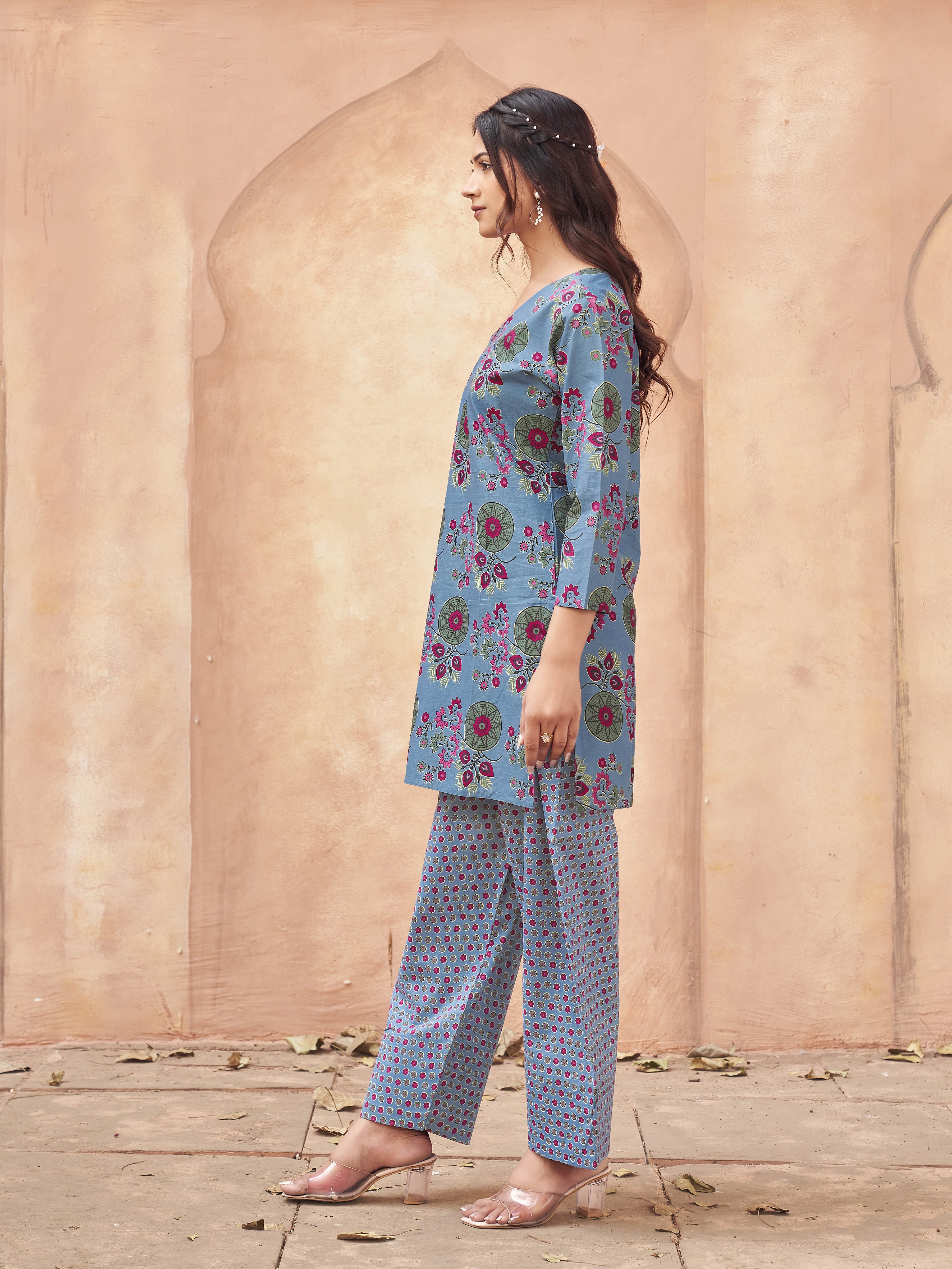 Denim Blue color pure cotton with multi color floral printed tunic & farsi salwar co-ord set