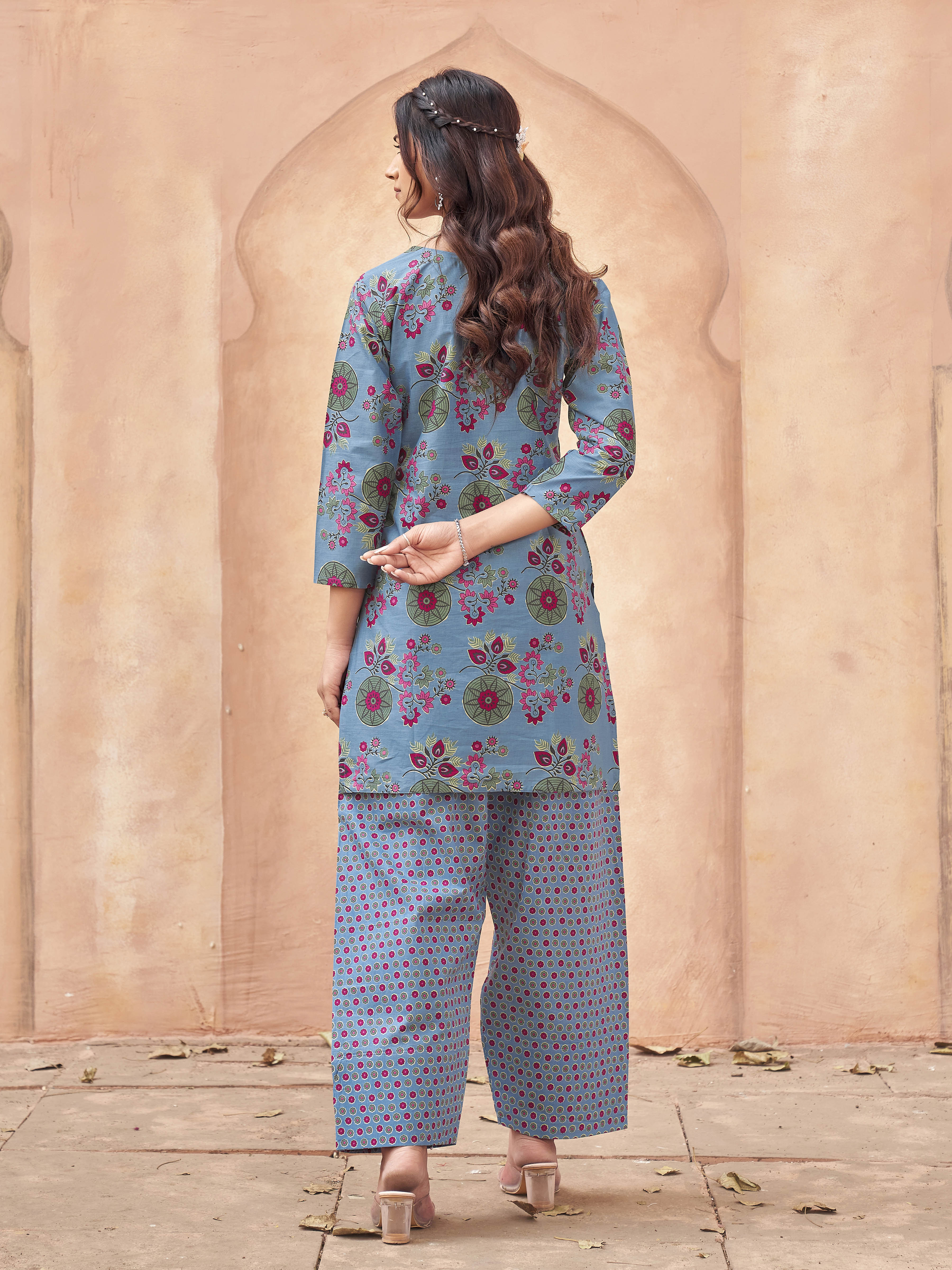 Denim Blue color pure cotton with multi color floral printed tunic & farsi salwar co-ord set