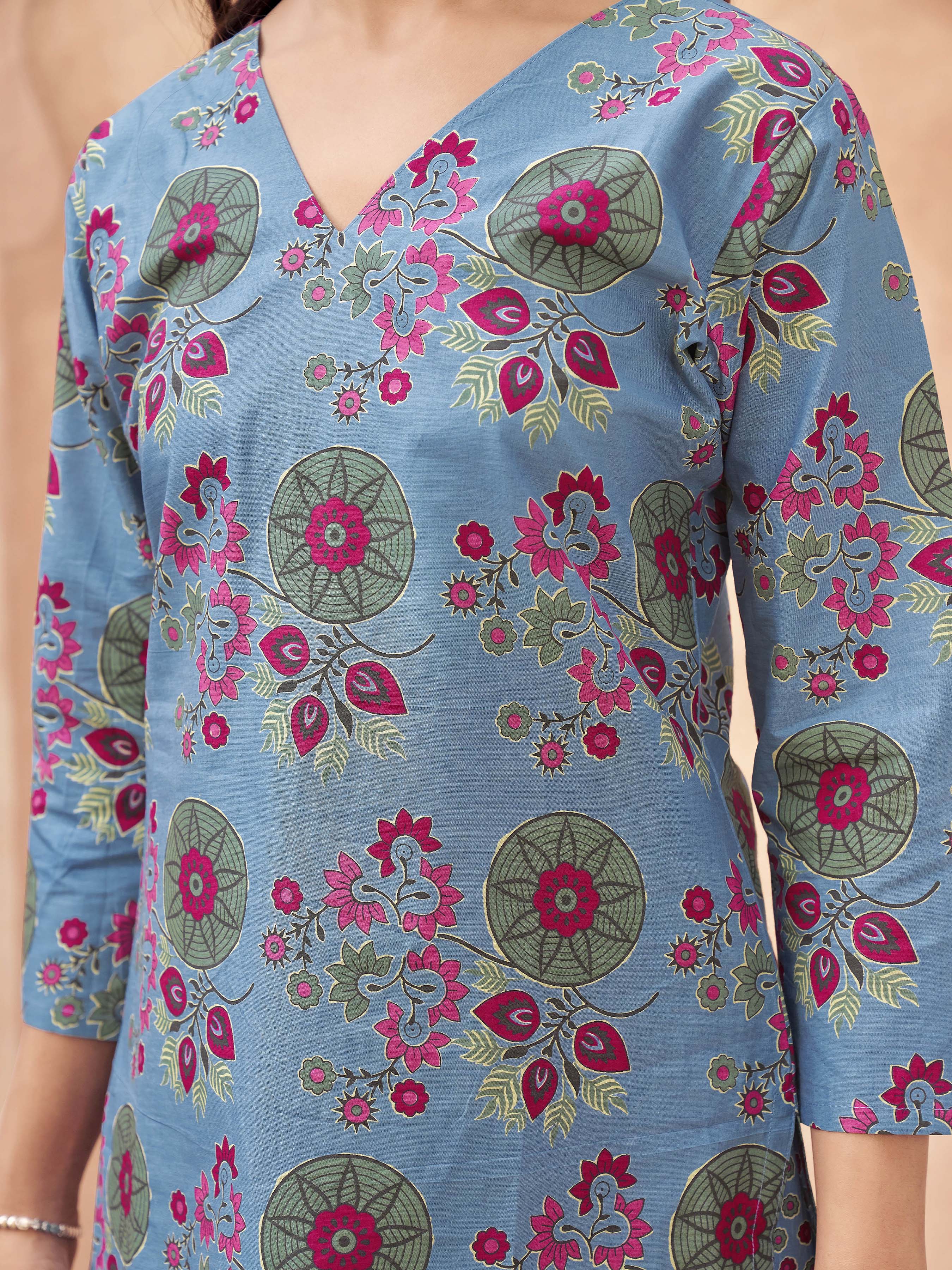 Denim Blue color pure cotton with multi color floral printed tunic & farsi salwar co-ord set