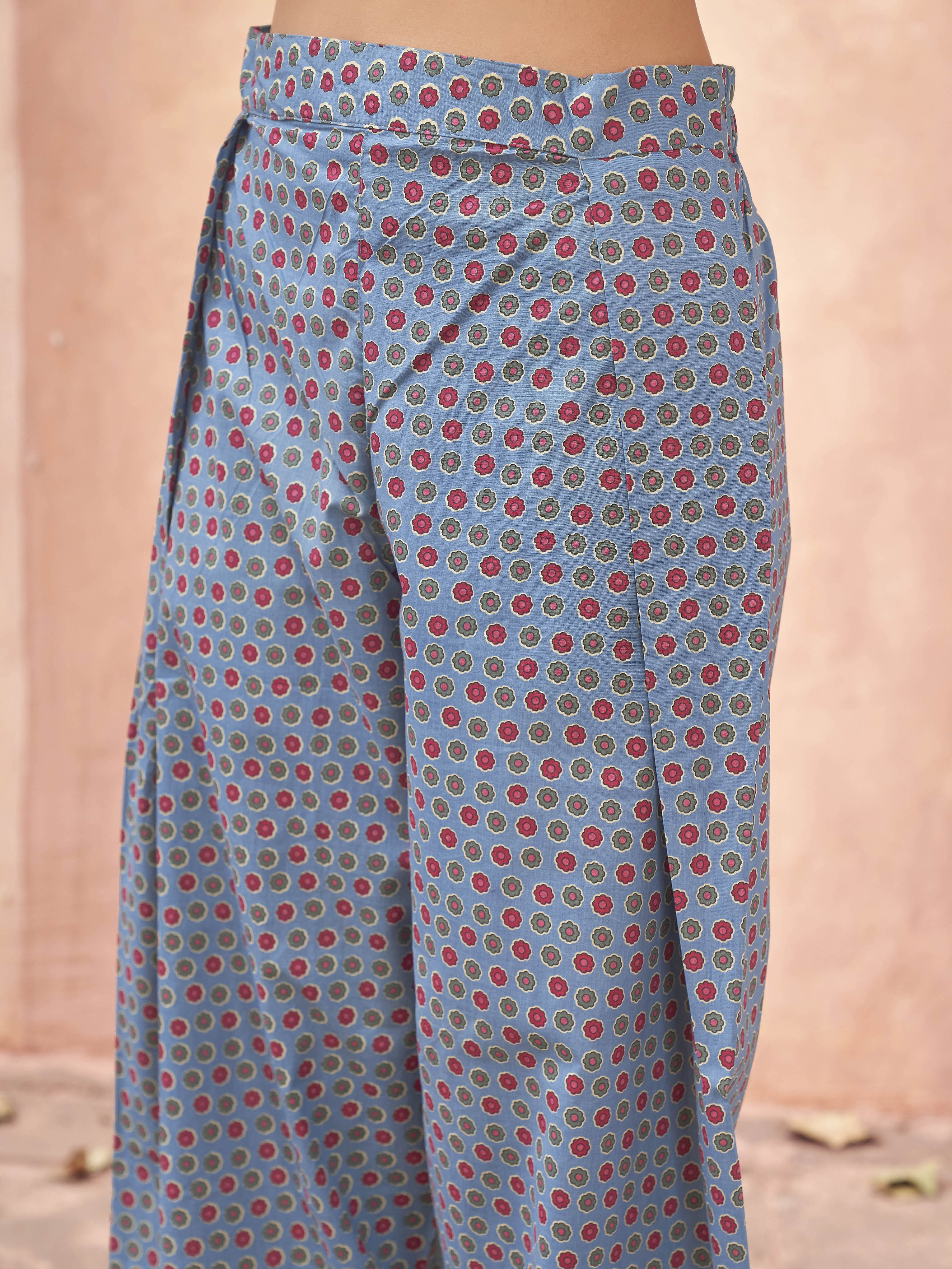 Denim Blue color pure cotton with multi color floral printed tunic & farsi salwar co-ord set