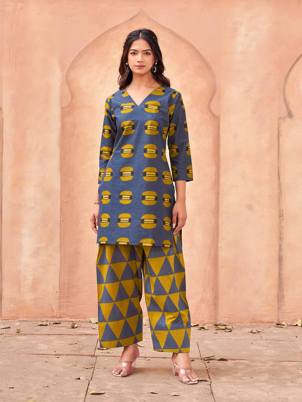 Navy blue color pure cotton printed tunic & printed farsi salwar co-ord set