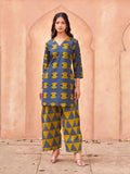 Navy blue color pure cotton printed tunic & printed farsi salwar co-ord set