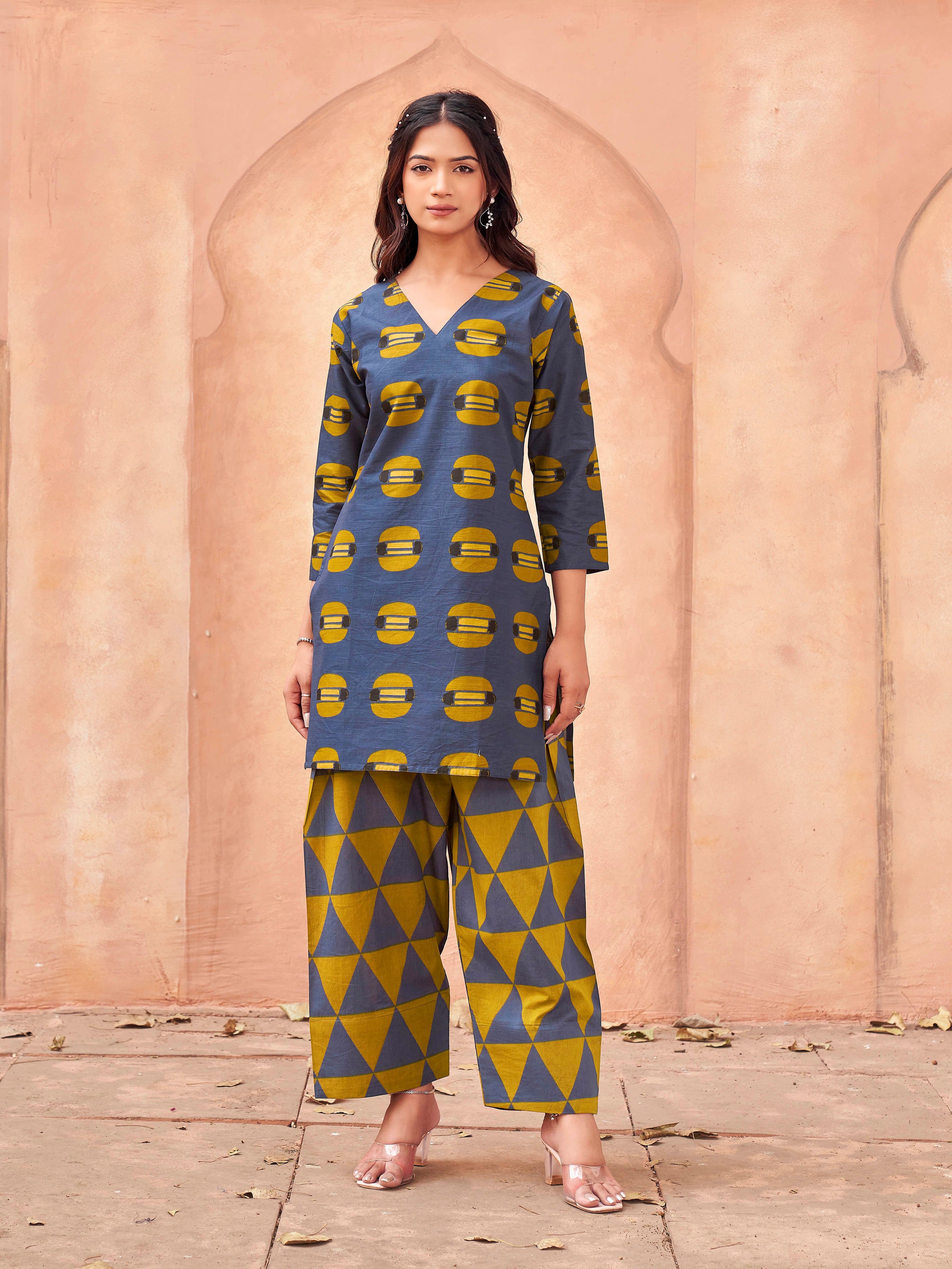 Navy blue color pure cotton printed tunic & printed farsi salwar co-ord set
