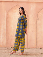 Navy blue color pure cotton printed tunic & printed farsi salwar co-ord set