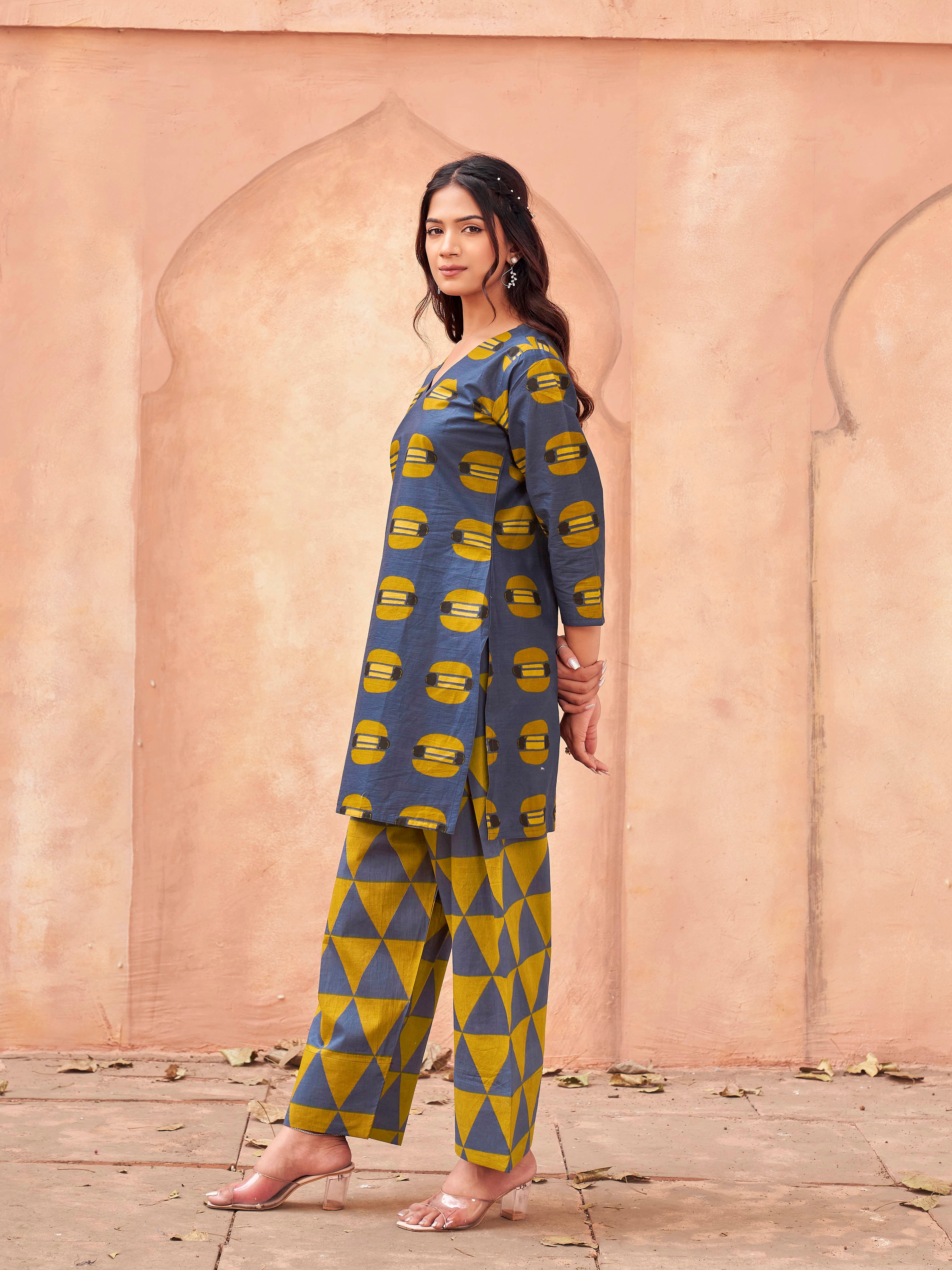 Navy blue color pure cotton printed tunic & printed farsi salwar co-ord set
