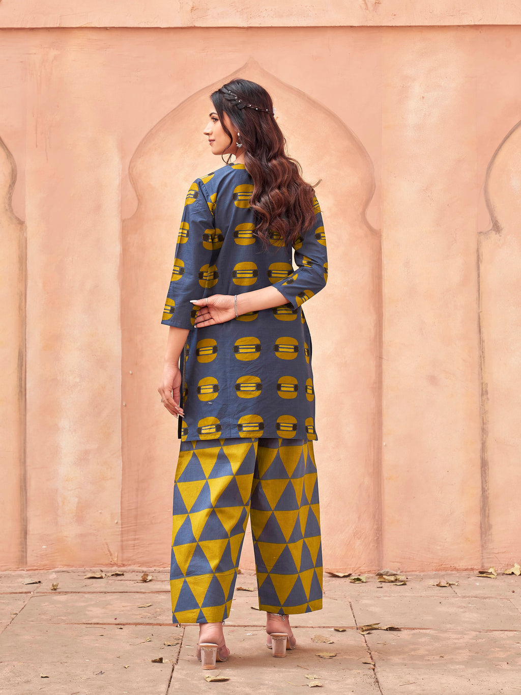 Navy blue color pure cotton printed tunic & printed farsi salwar co-ord set