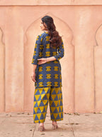 Navy blue color pure cotton printed tunic & printed farsi salwar co-ord set